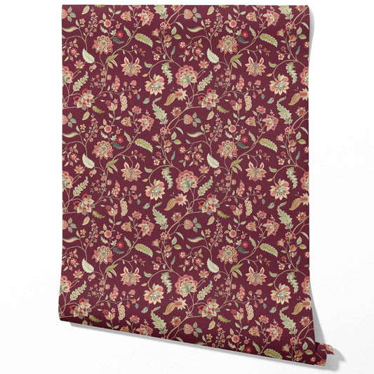 Floral/ Botanical Patterned Traditional Wallpaper Sample (Deep Maroon/ Burgundy/ Pink/ Green)