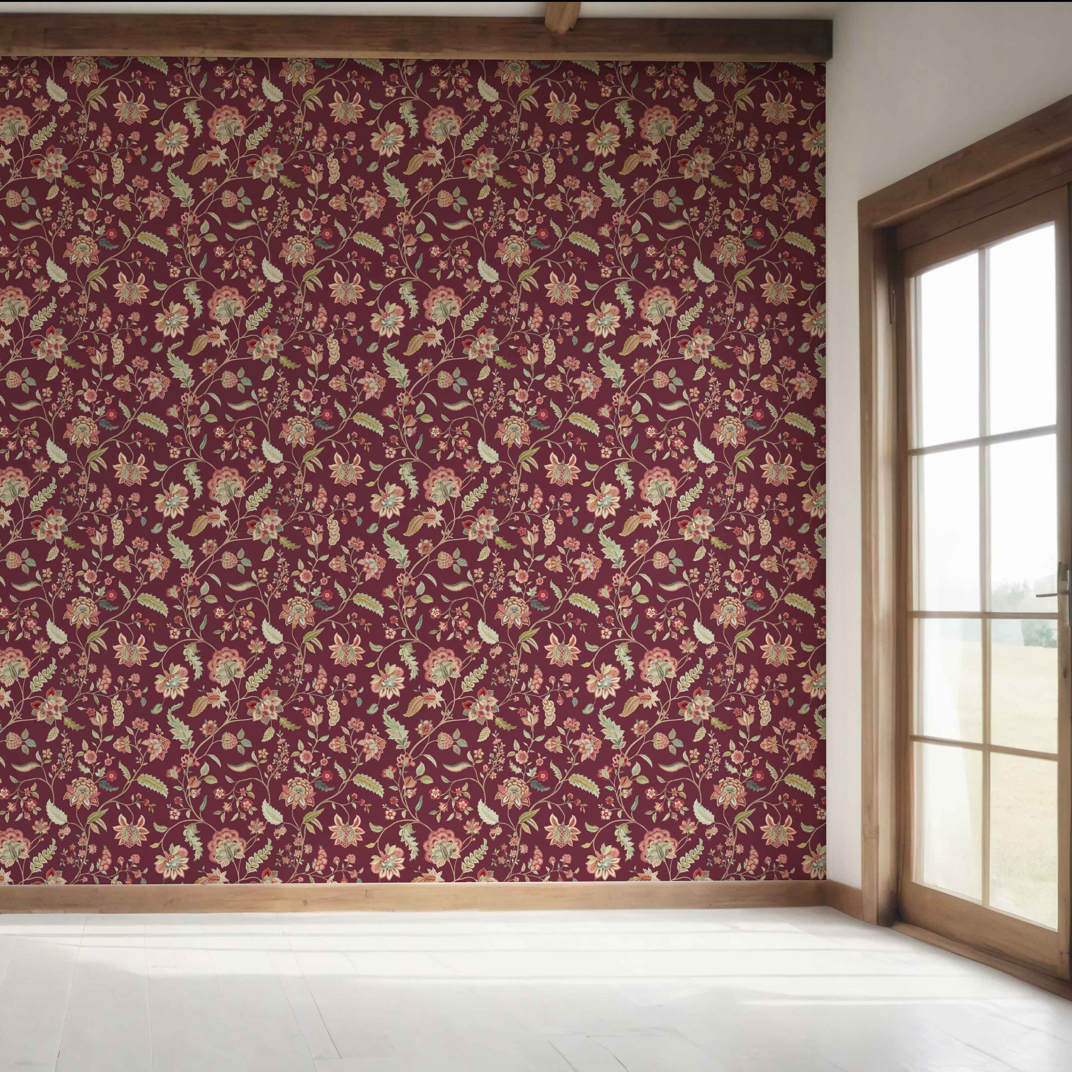Floral/ Botanical Patterned Bedroom Wallpaper Sample (Deep Maroon/ Burgundy/ Pink/ Green)
