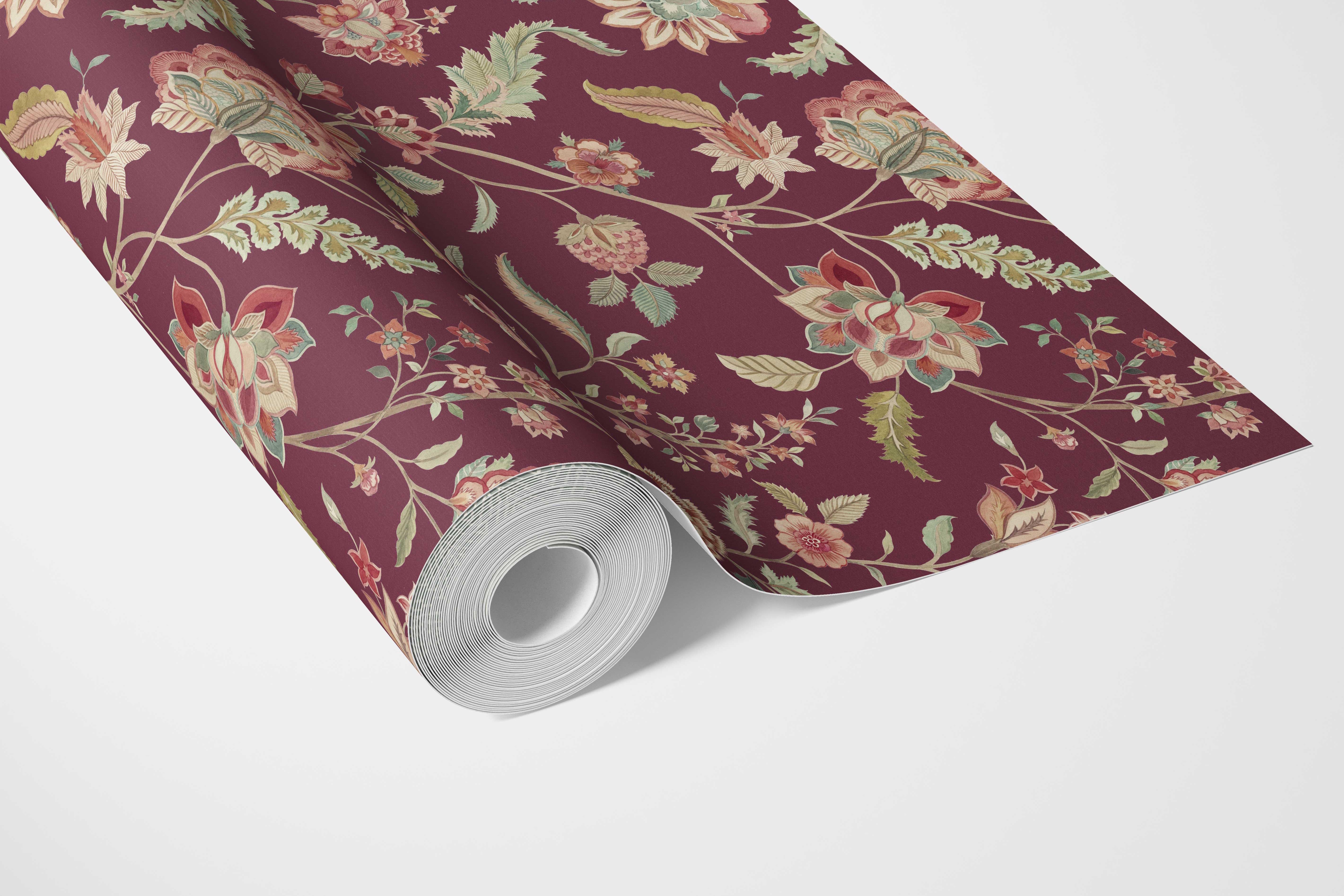Floral/ Botanical Patterned Bathroom Wallpaper Sample (Deep Maroon/ Burgundy/ Pink/ Green)