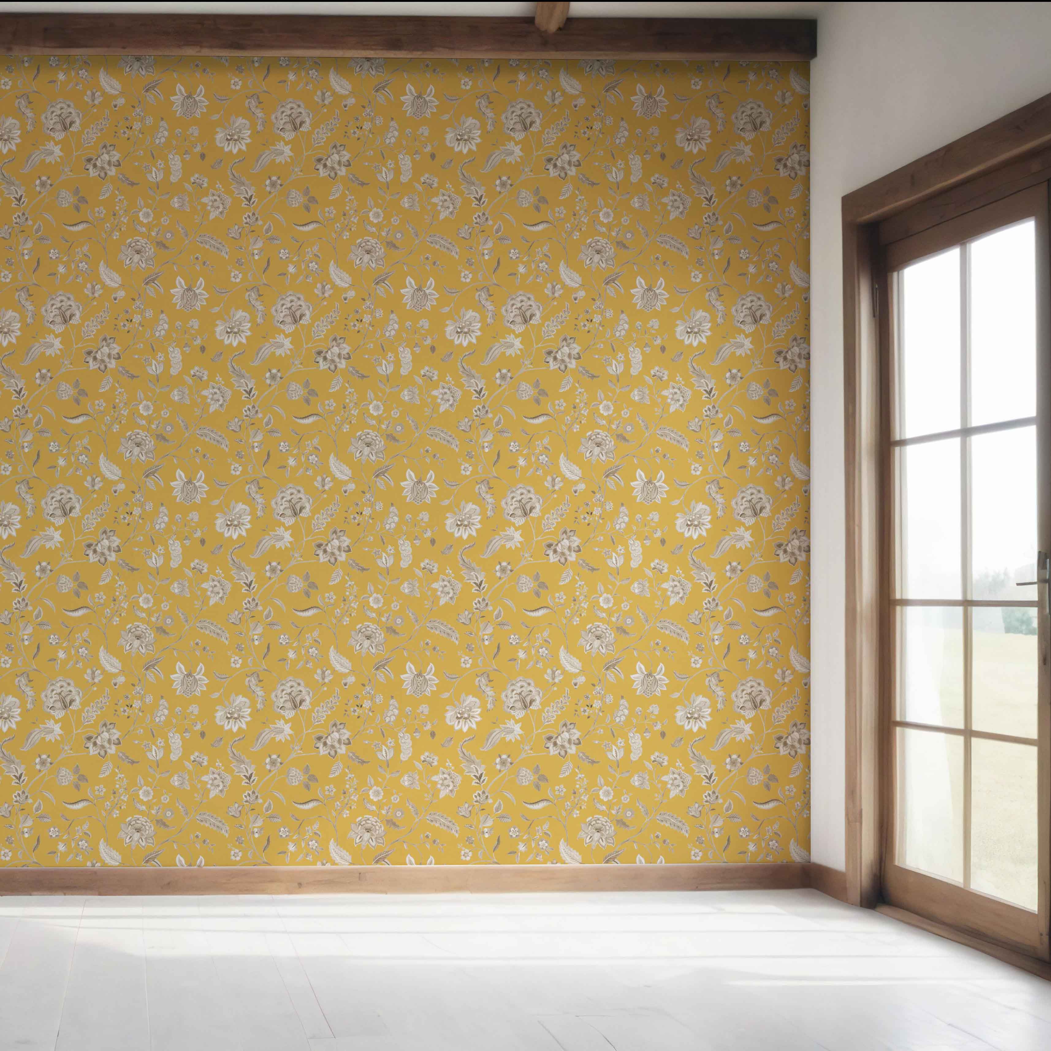 Floral Botanical Patterned Bedroom Wallpaper (Yellow/ Beige)