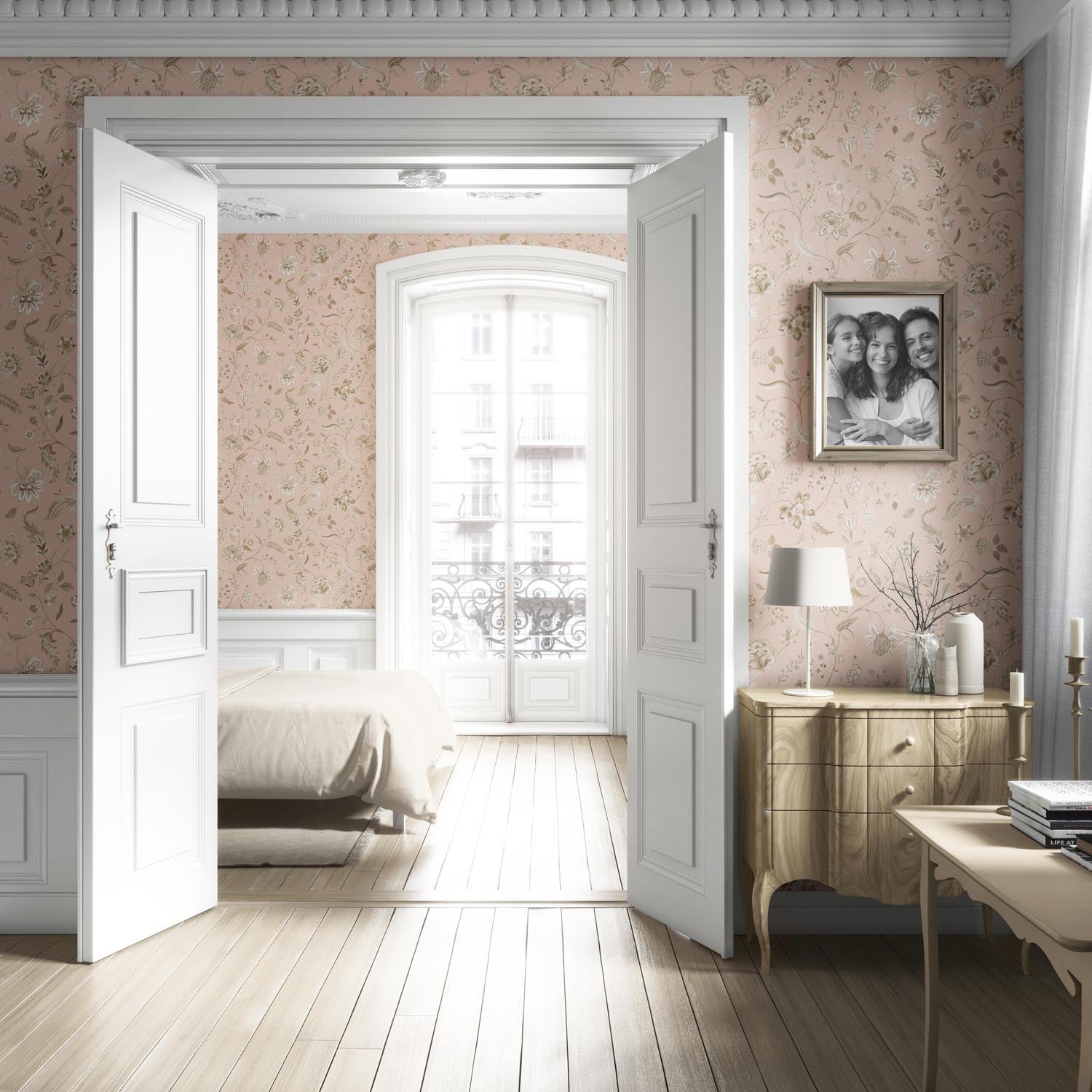 Floral Botanical Patterned Living Room Wallpaper (Sandy Pink/ Beige)