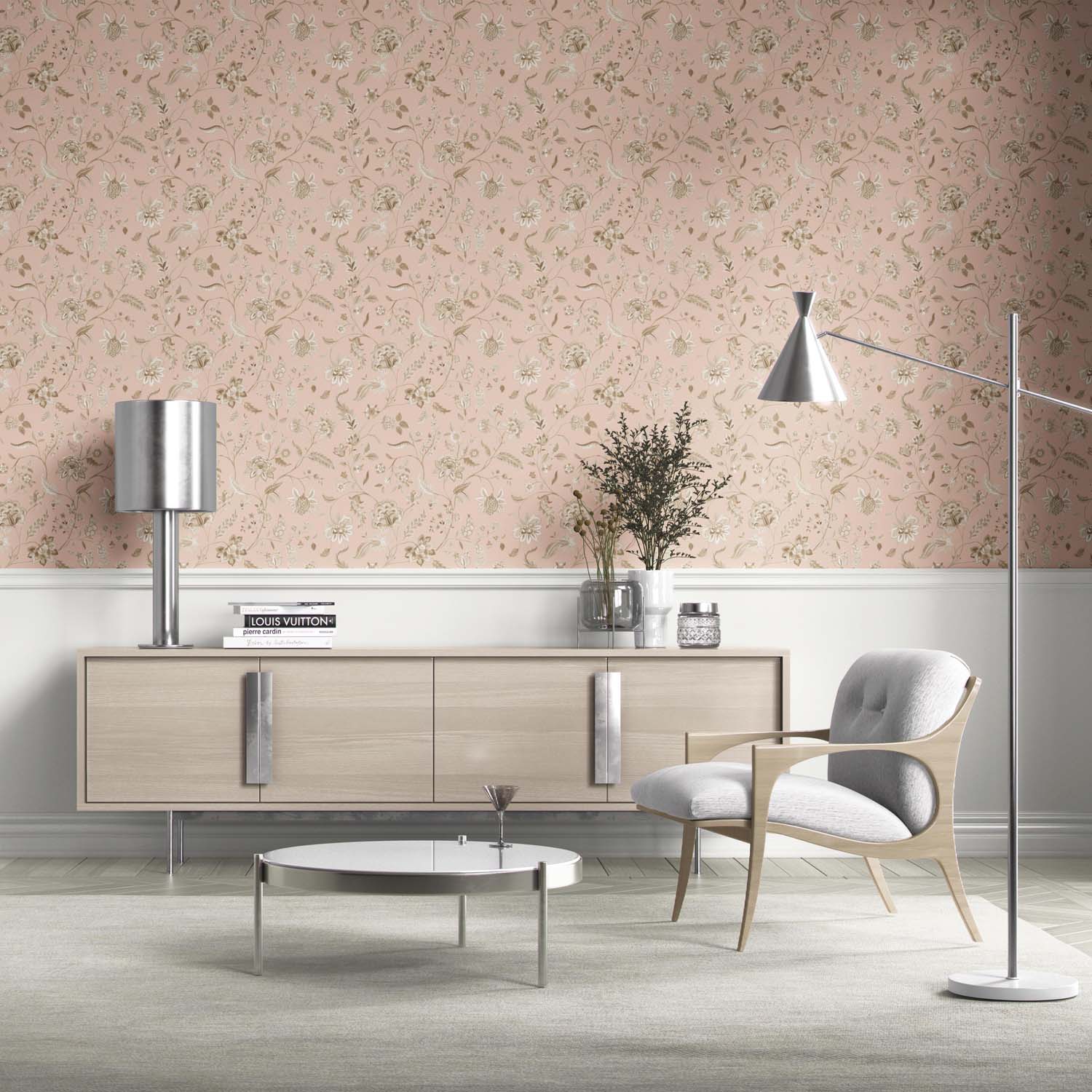 Floral Botanical Patterned Kitchen Wallpaper (Sandy Pink/ Beige)
