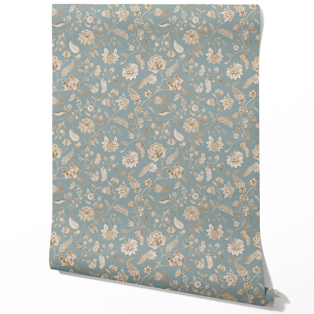 Floral Botanical Patterned Traditional Wallpaper (Blue-Gray/ Beige)