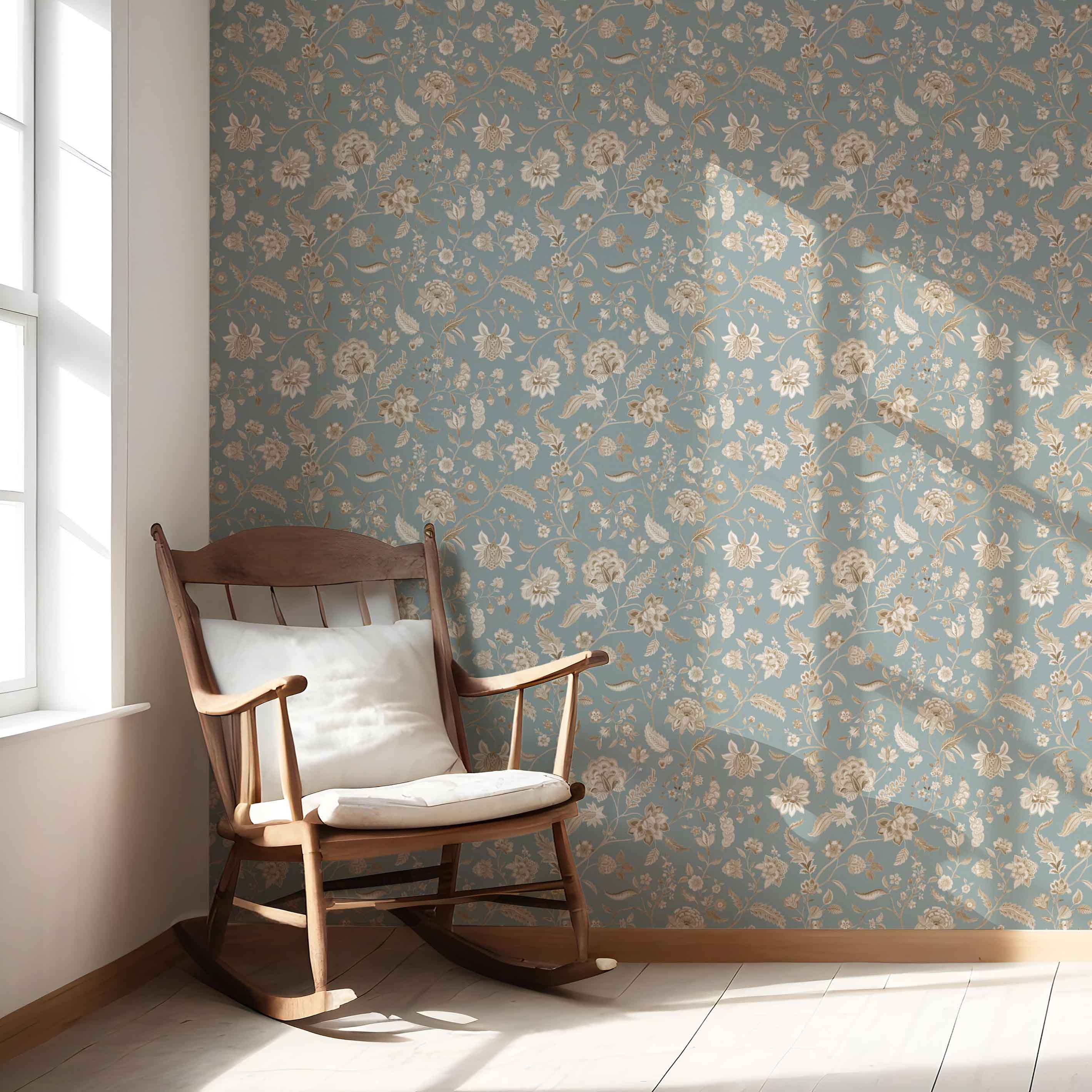 Floral Botanical Patterned Nursery Wallpaper (Blue-Gray/ Beige)