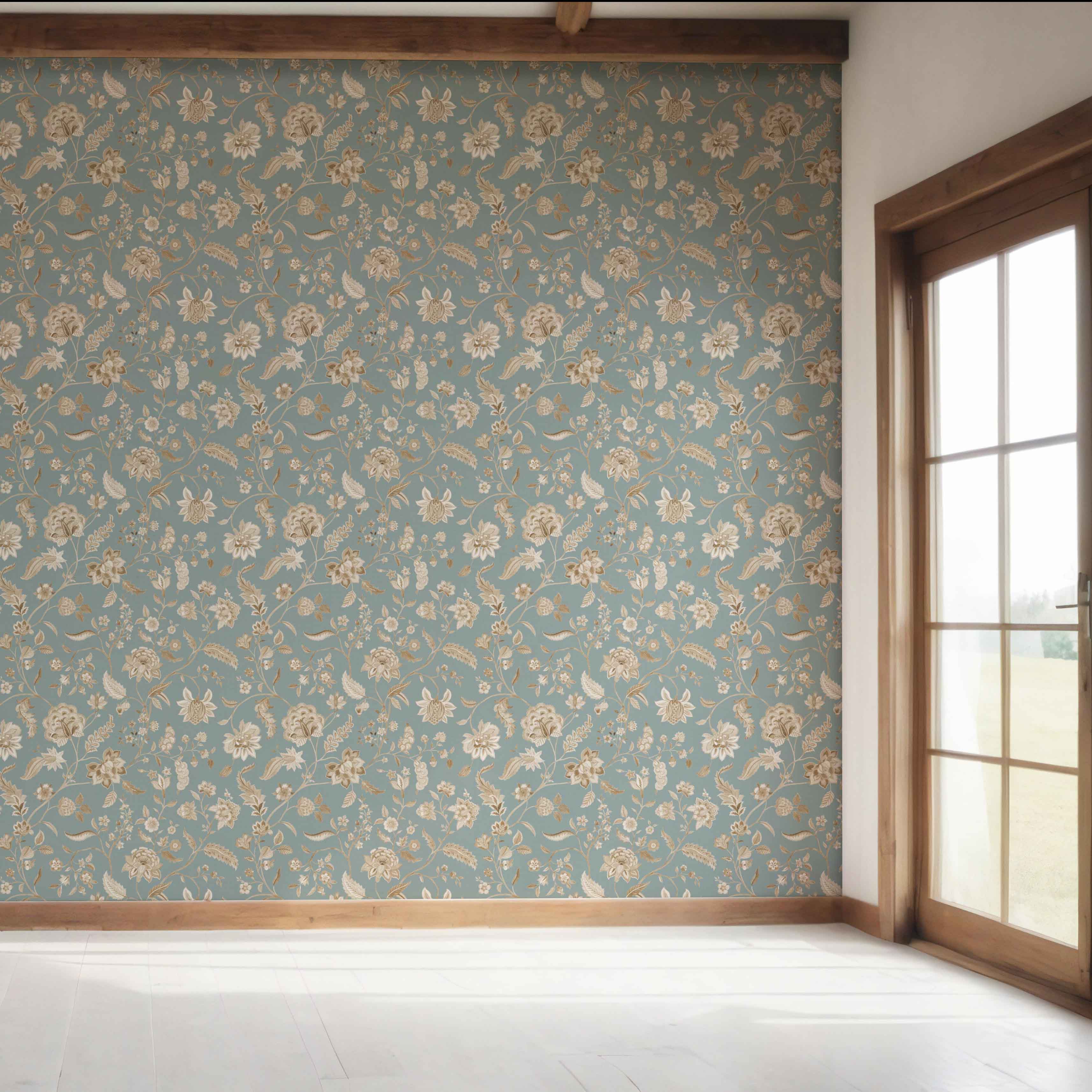 Floral Botanical Patterned Bedroom Wallpaper (Blue-Gray/ Beige)