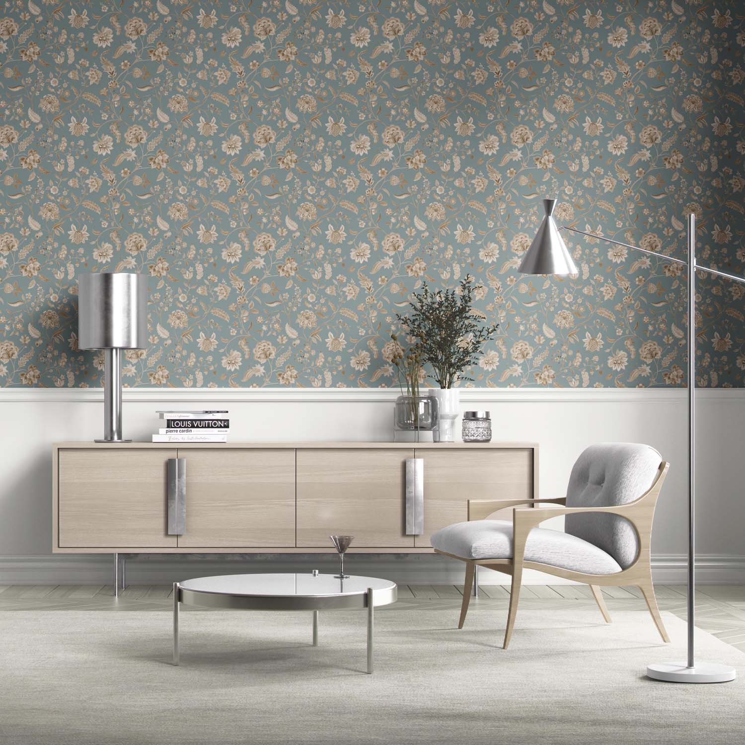Floral Botanical Patterned Kitchen Wallpaper (Blue-Gray/ Beige)