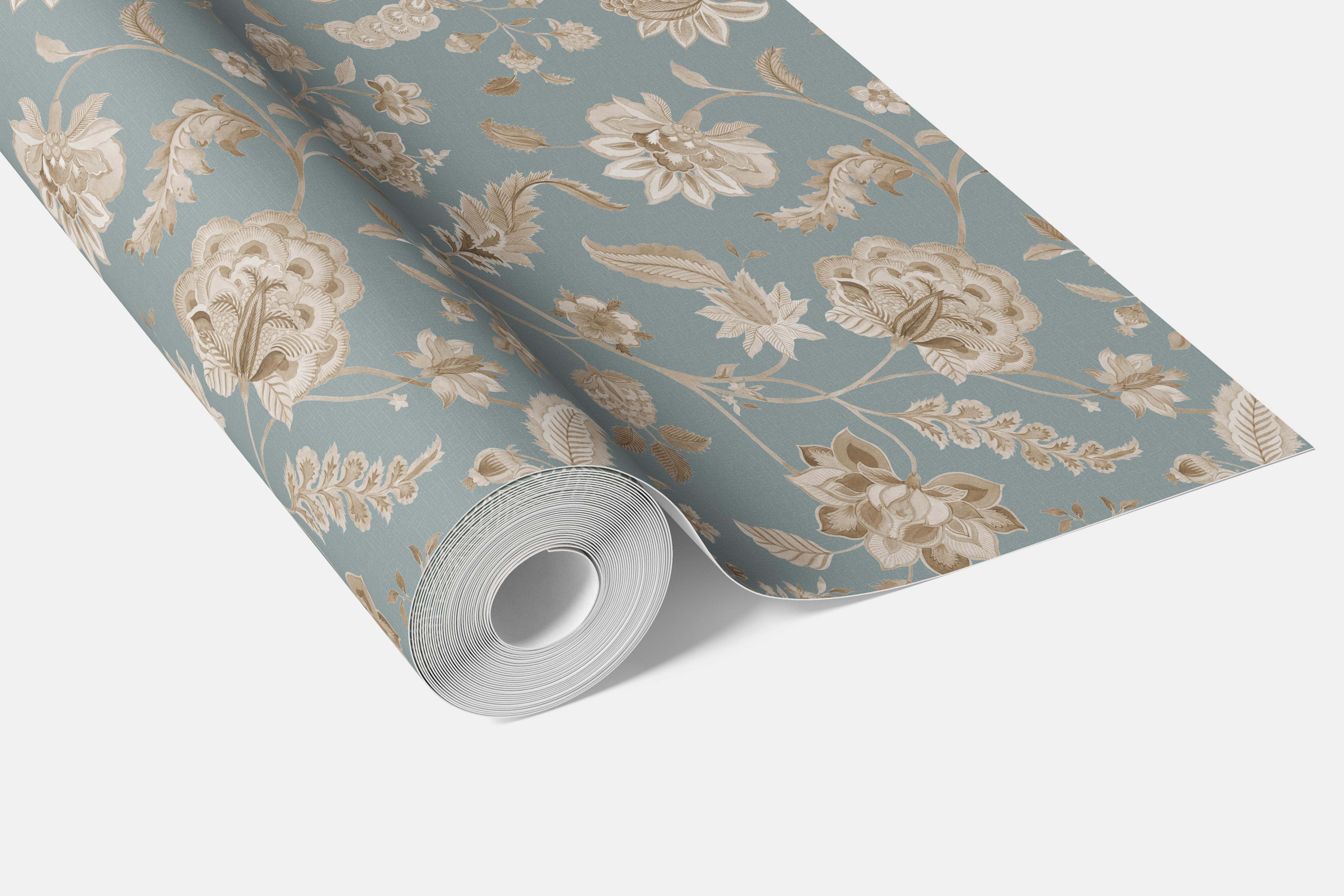 Floral Botanical Patterned Bathroom Wallpaper (Blue-Gray/ Beige)