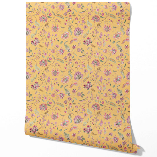 Floral Botanical Patterned Traditional Wallpaper (Yellow/ Pink/ Green)