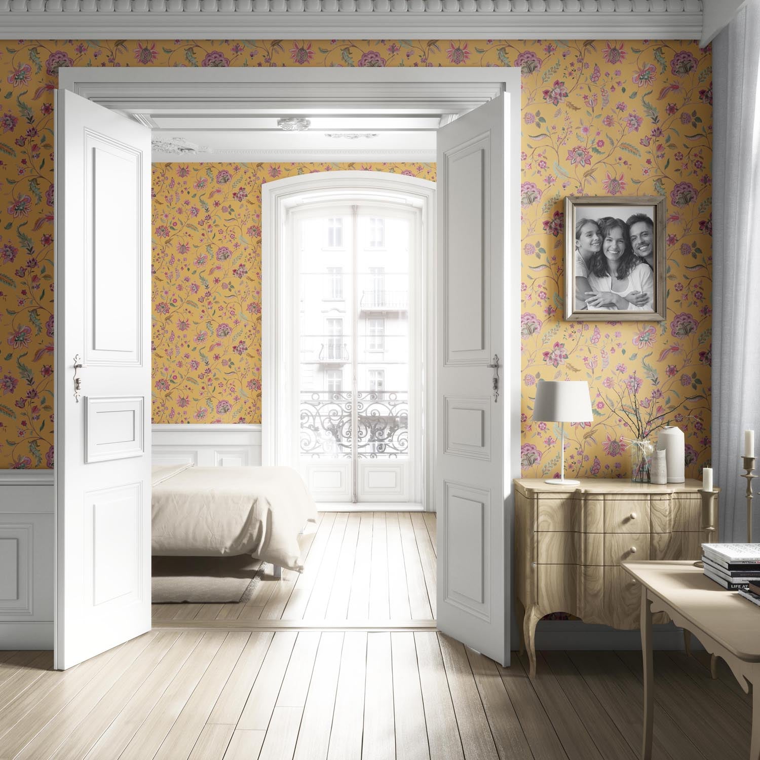Floral Botanical Patterned Living Room Wallpaper Sample (Yellow/ Pink/ Green)