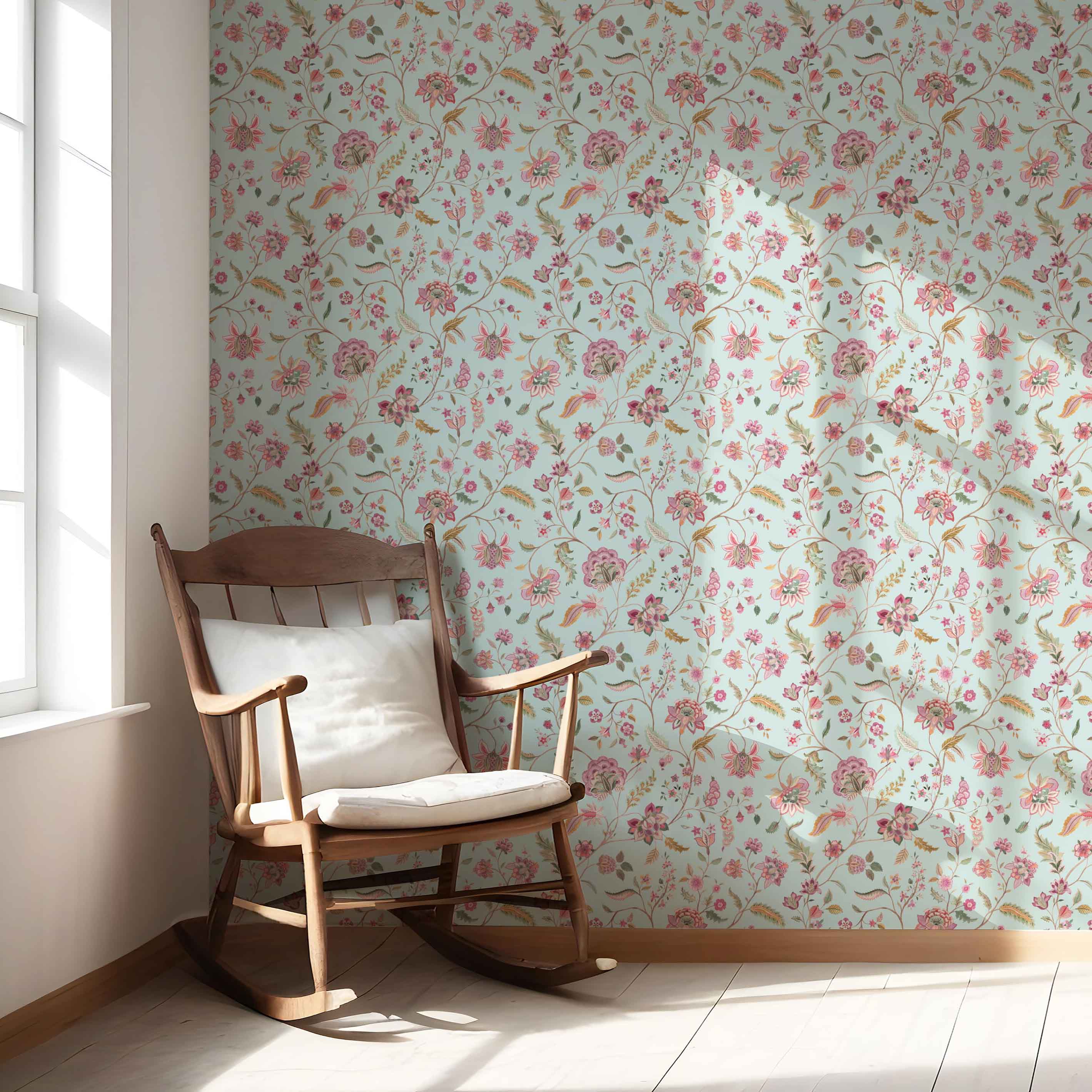 Floral Botanical Patterned Nursery Wallpaper (Blue/ Pink/ Green)