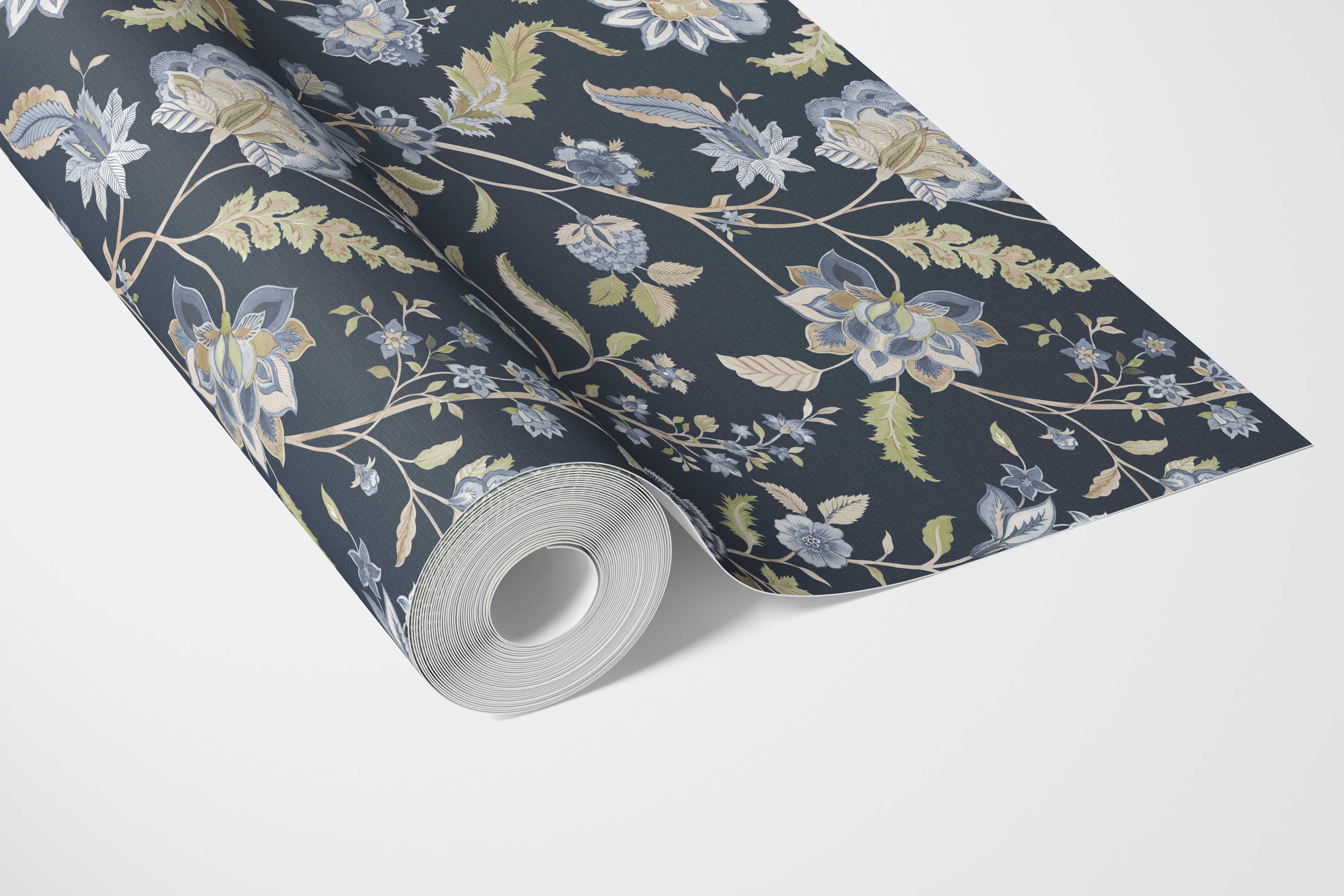 Floral/ Botanical Patterned Bathroom Wallpaper Sample (Midnight Blue/ Pale Blue/ Green)