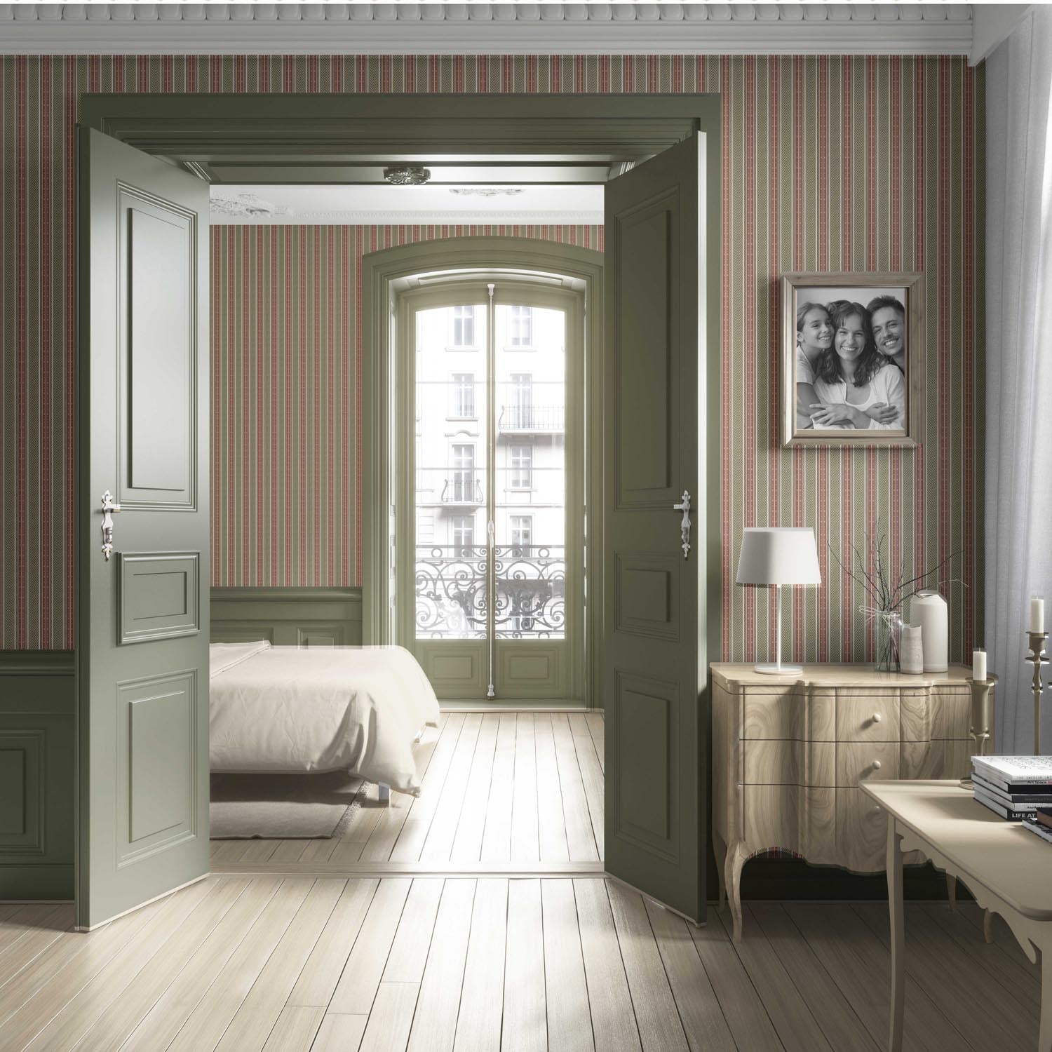 Geometric Striped Nursery Wallpaper Sample (Red/ Green)