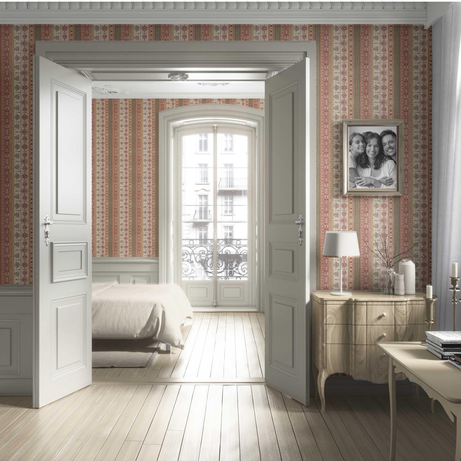 Vintage Bohemian Striped Living Room Wallpaper Sample (Red/ Orange/ Green/ Yellow/ Brown)
