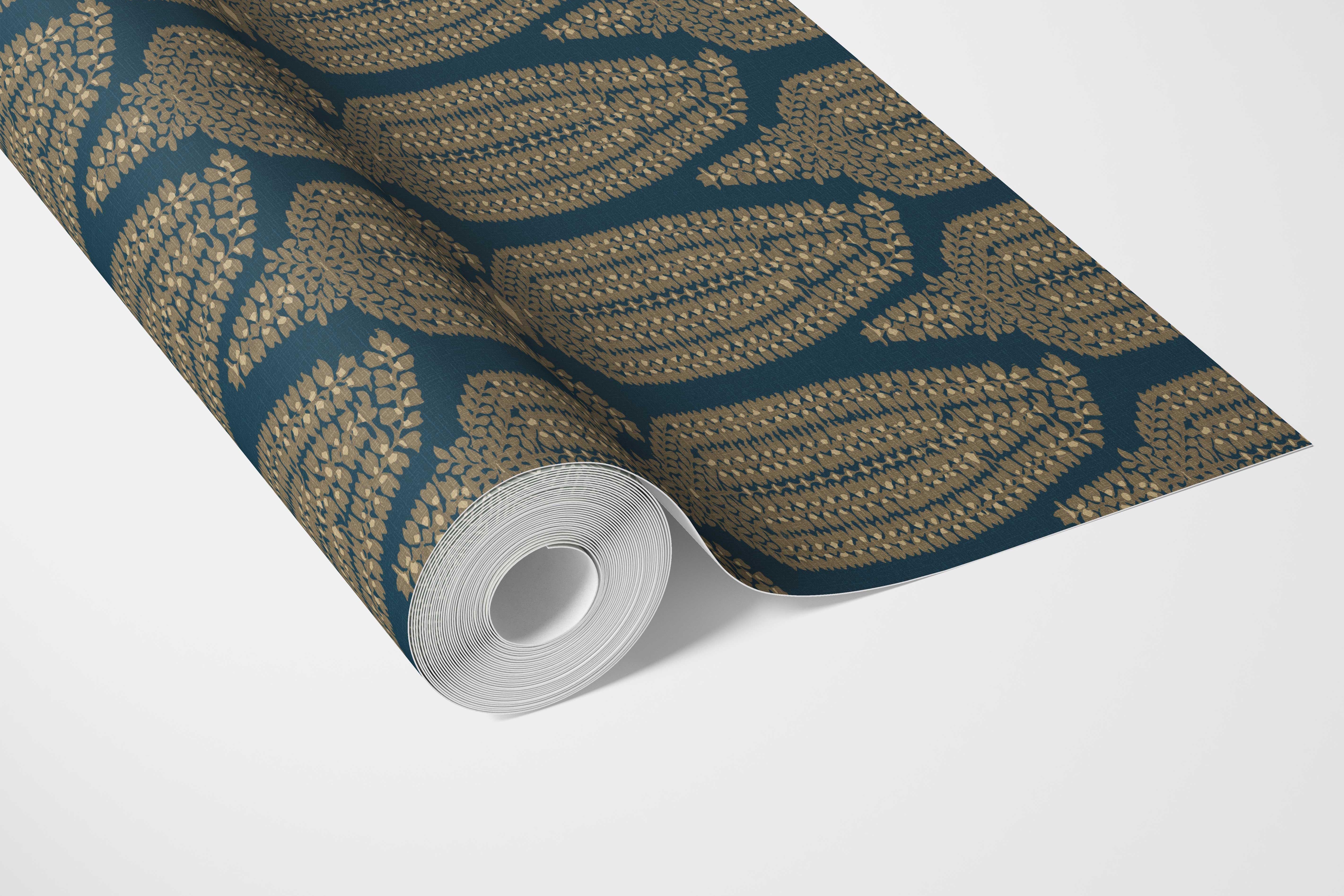 Paisley Floral Bathroom Wallpaper (Teal Blue/ Gold)