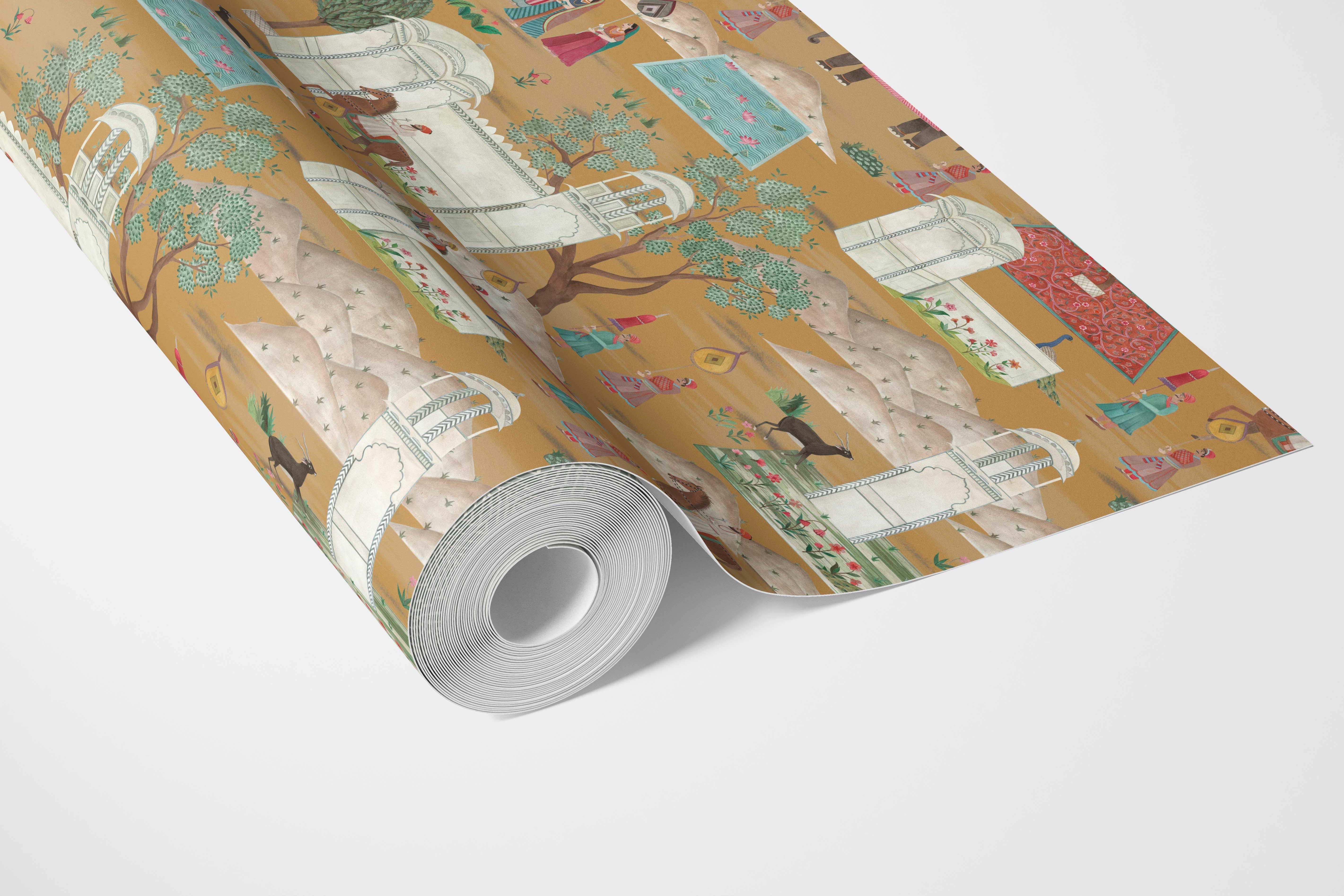 Ethnic/ Heritage/ Horses & Castles Print Bathroom Wallpaper Sample (Yellow/ Red/ Green/ Blue/ Pink)