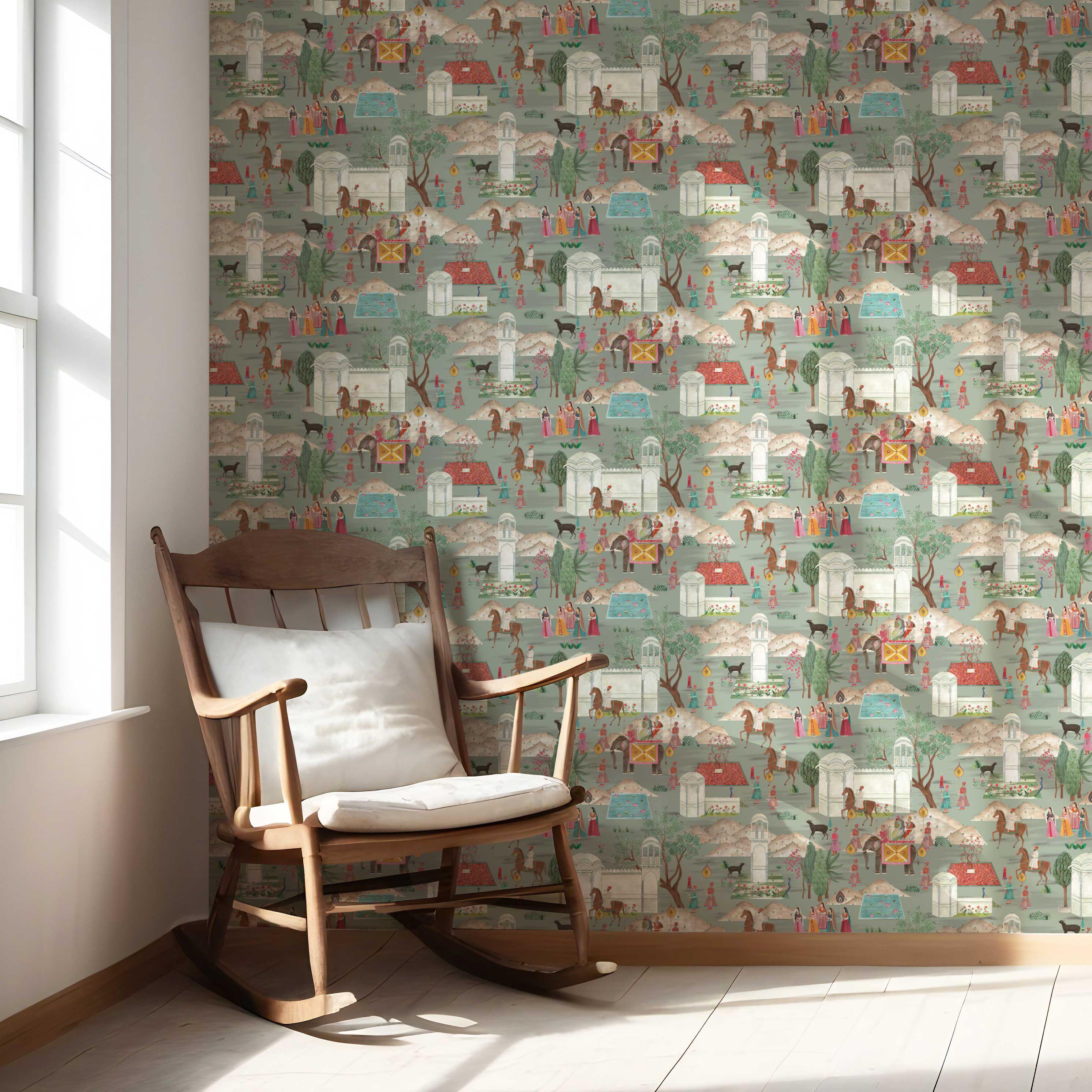 Ethnic/ Heritage/ Horses & Castles Print Nursery Wallpaper Sample (Green/ Blue/ Red/ Pink/ Yellow)