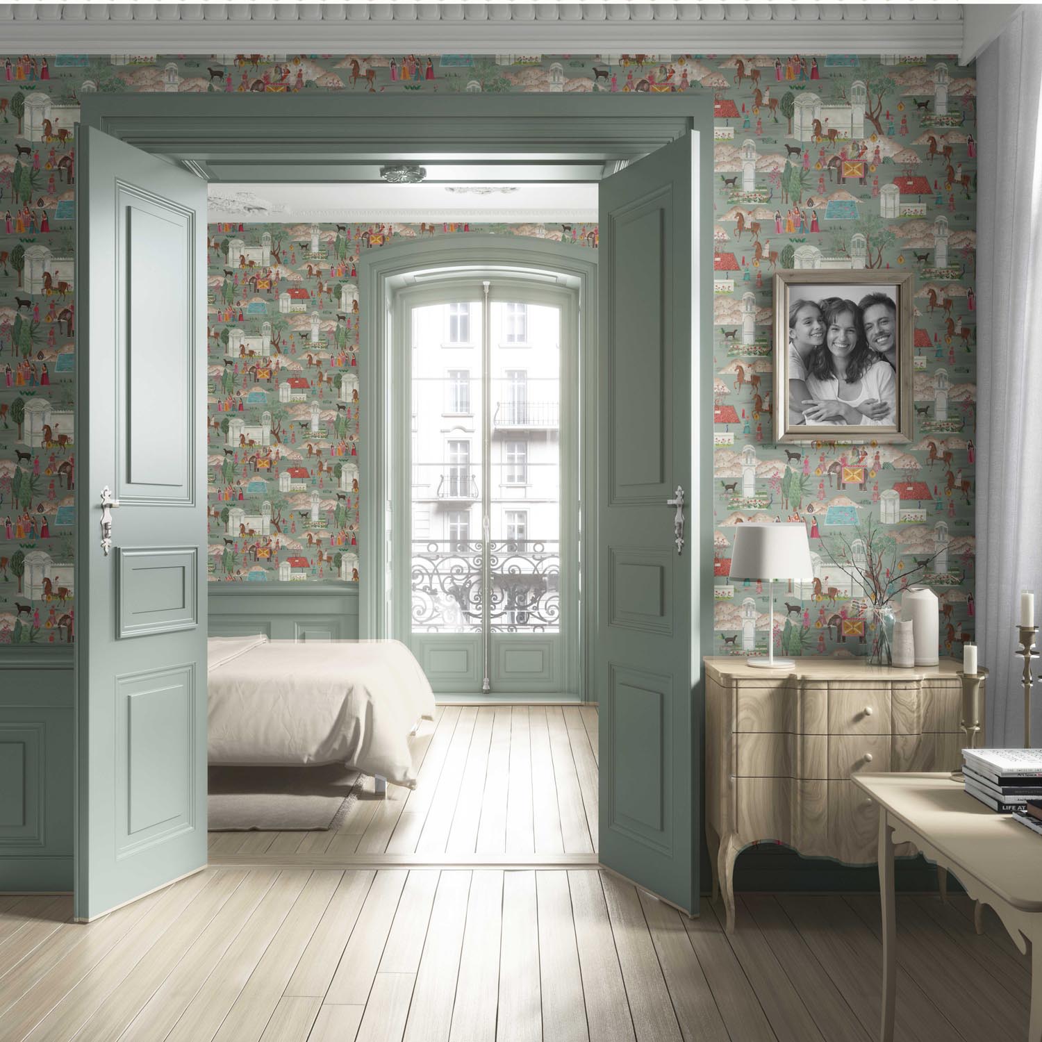 Ethnic/ Heritage/ Horses & Castles Print Living Room Wallpaper Sample (Green/ Blue/ Red/ Pink/ Yellow)