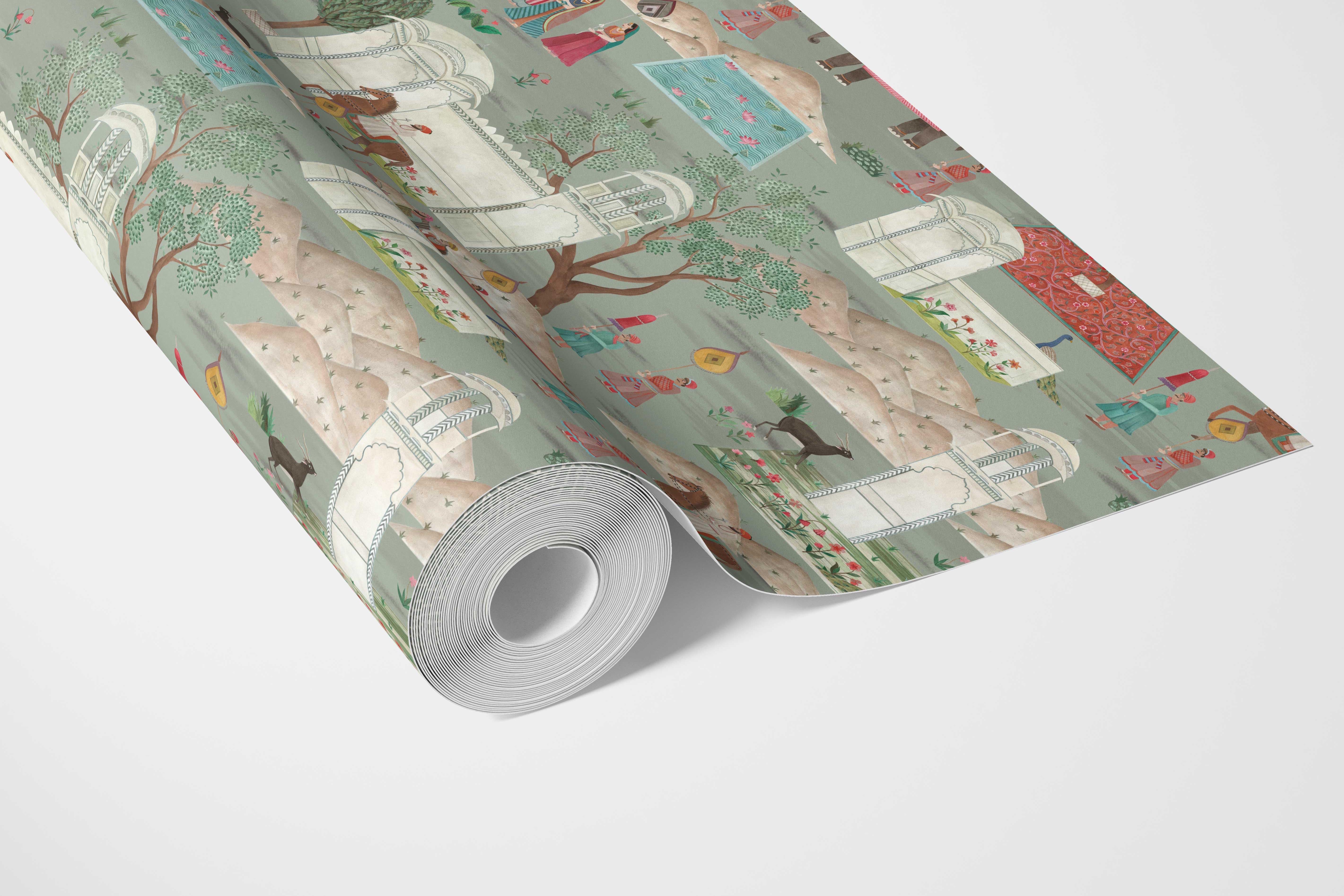 Ethnic/ Heritage/ Horses & Castles Print Bathroom Wallpaper Sample (Green/ Blue/ Red/ Pink/ Yellow)