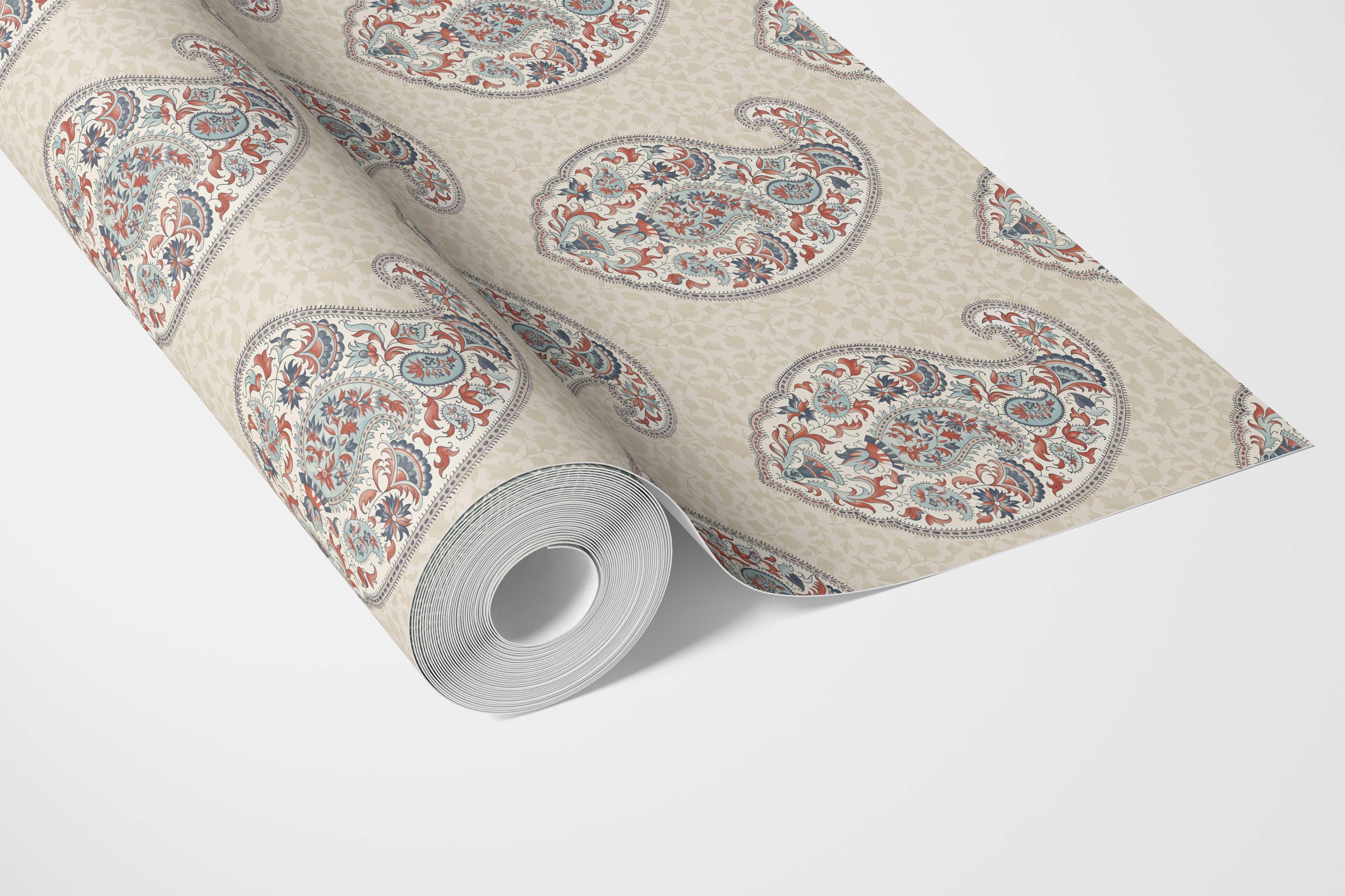 Paisley Floral Print Bathroom Wallpaper Sample (Red/ Blue/ Beige)