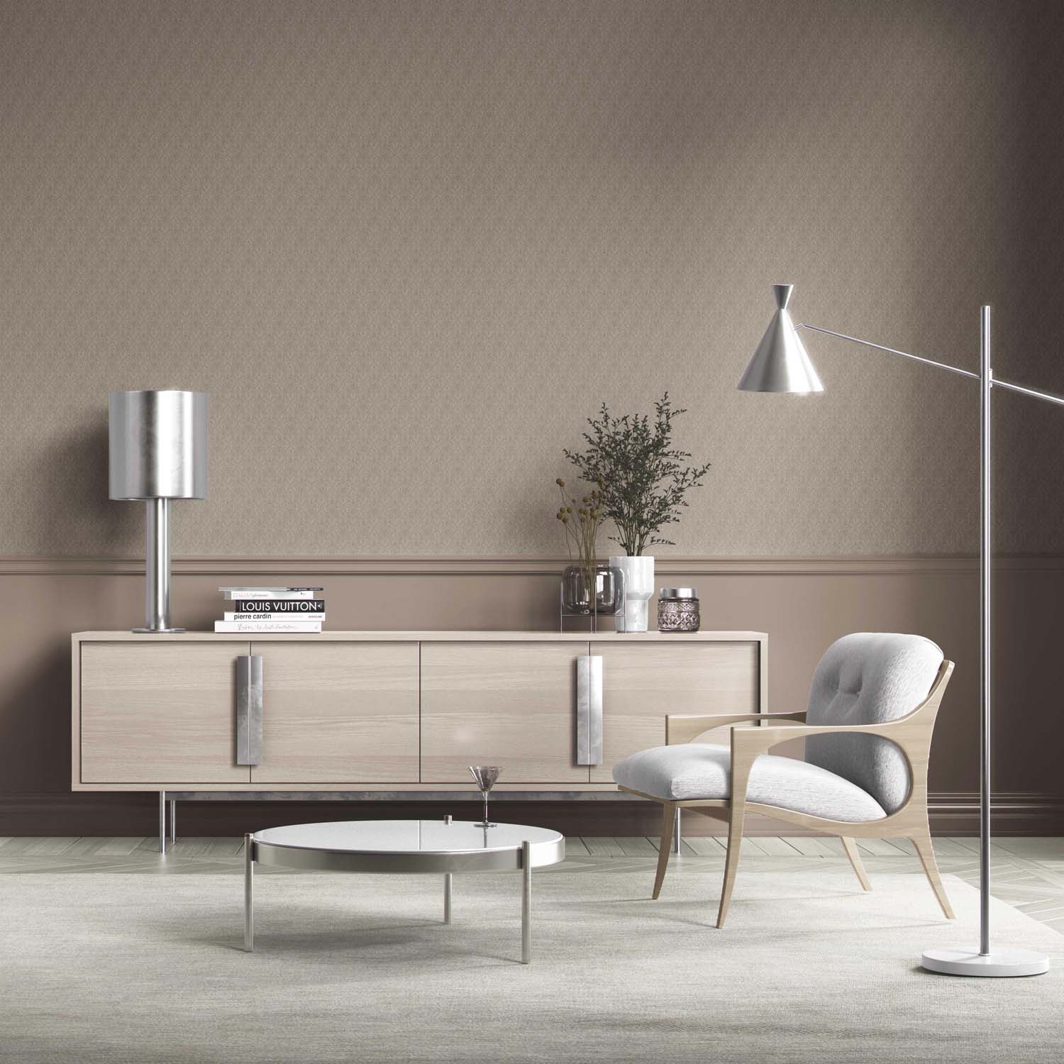 Neutral Self-Patterned Damask Floral Kitchen Wallpaper (Brown/ Beige)