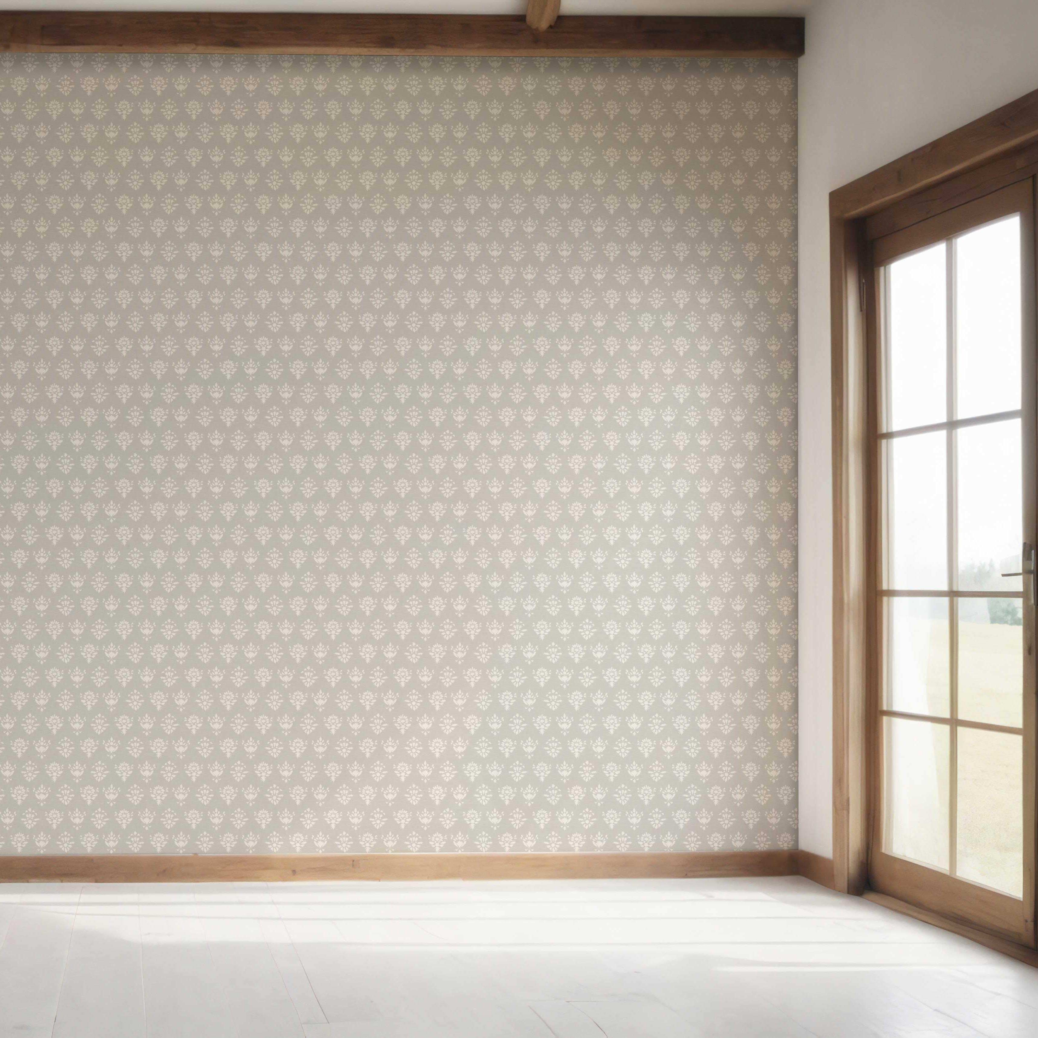 Neutral Floral Block Print Bedroom Wallpaper (Warm Gray/ Beige/ Taupe/ Off-White)