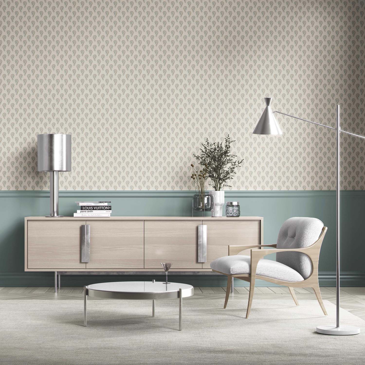 Floral Paisley Bathroom Wallpaper Sample (Seafoam Blue/ Beige)