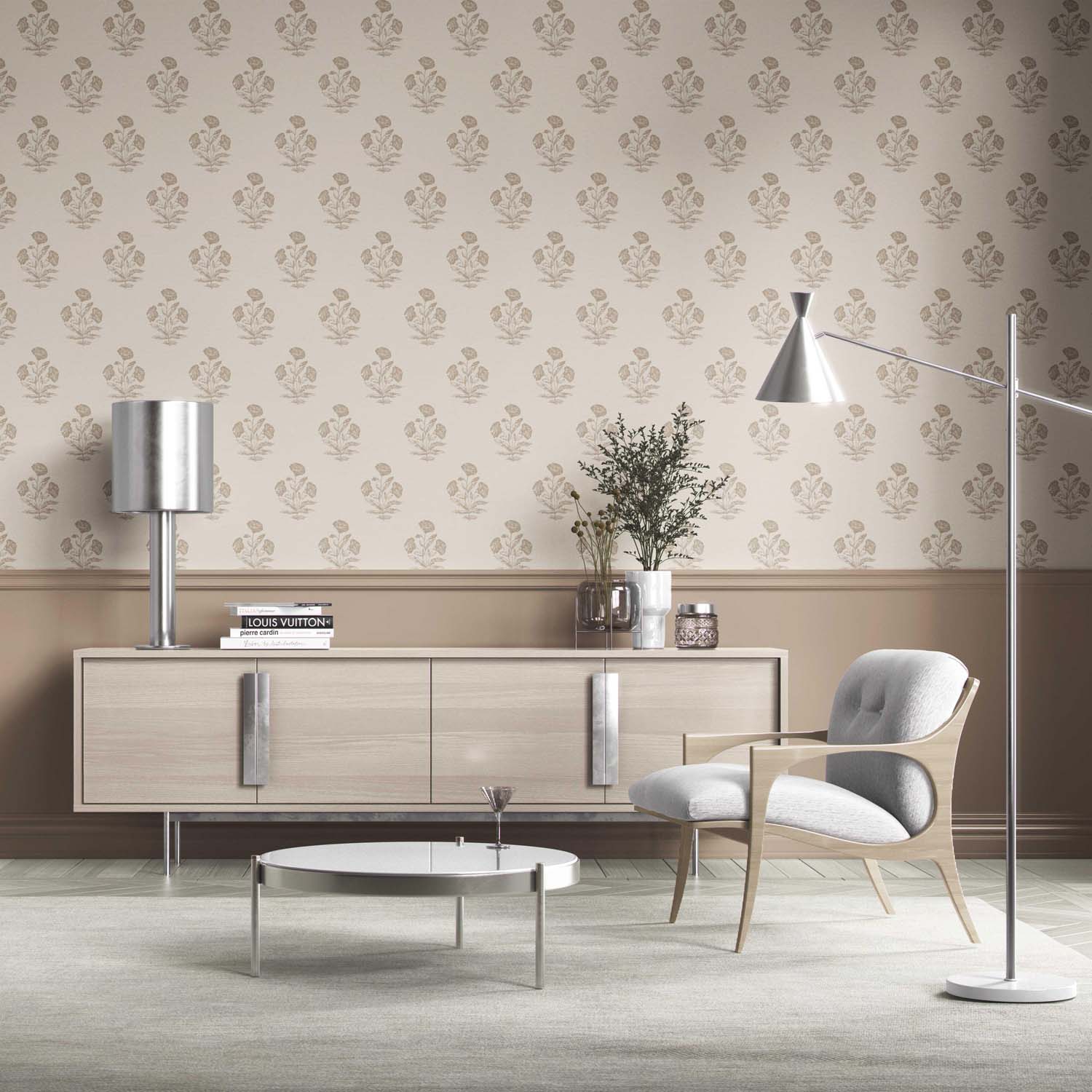 Neutral Floral Block Print Kitchen Wallpaper (Beige/ Brown/ Taupe)