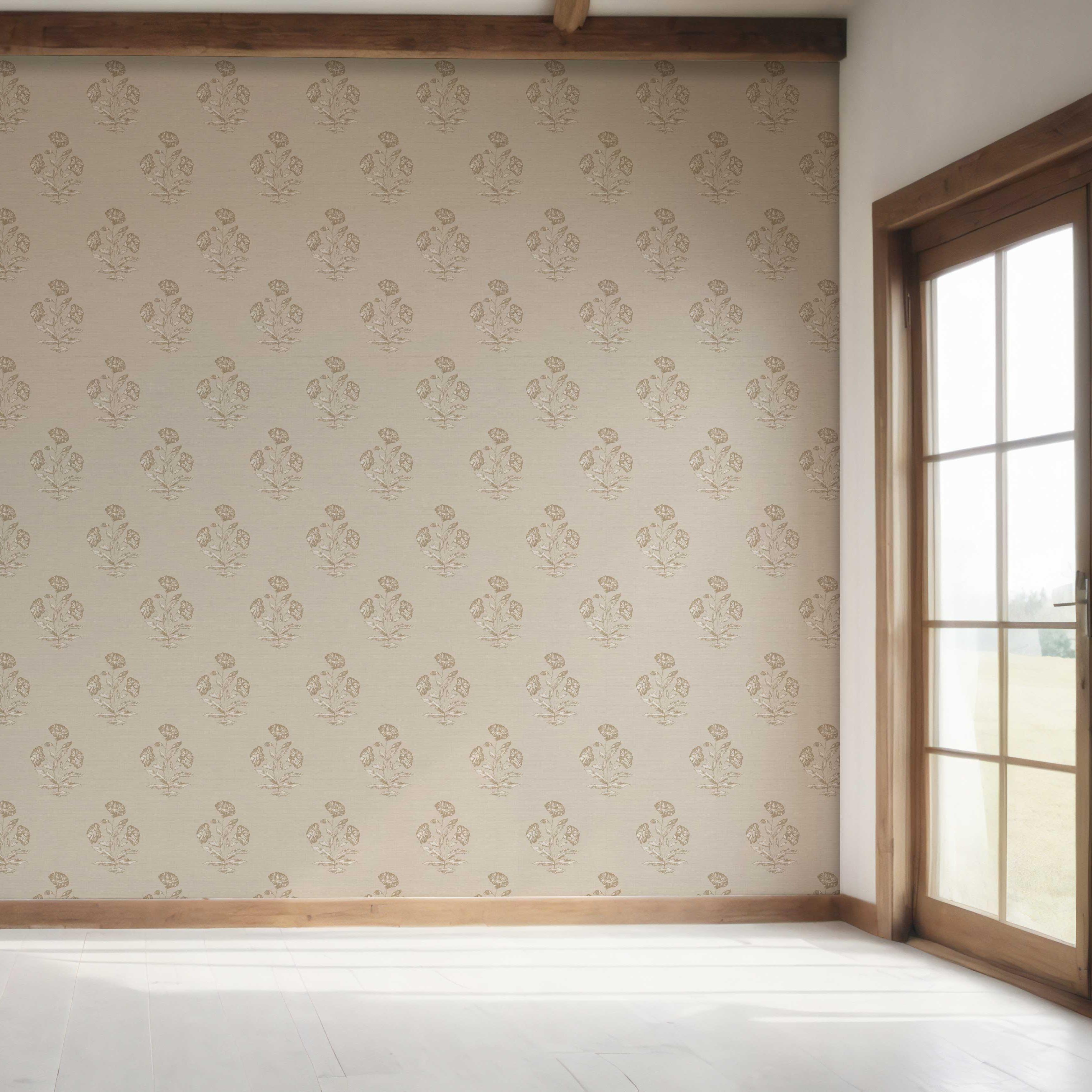 Neutral Floral Block Print Bedroom Wallpaper (Warm Beige/ Greige/ Brown)