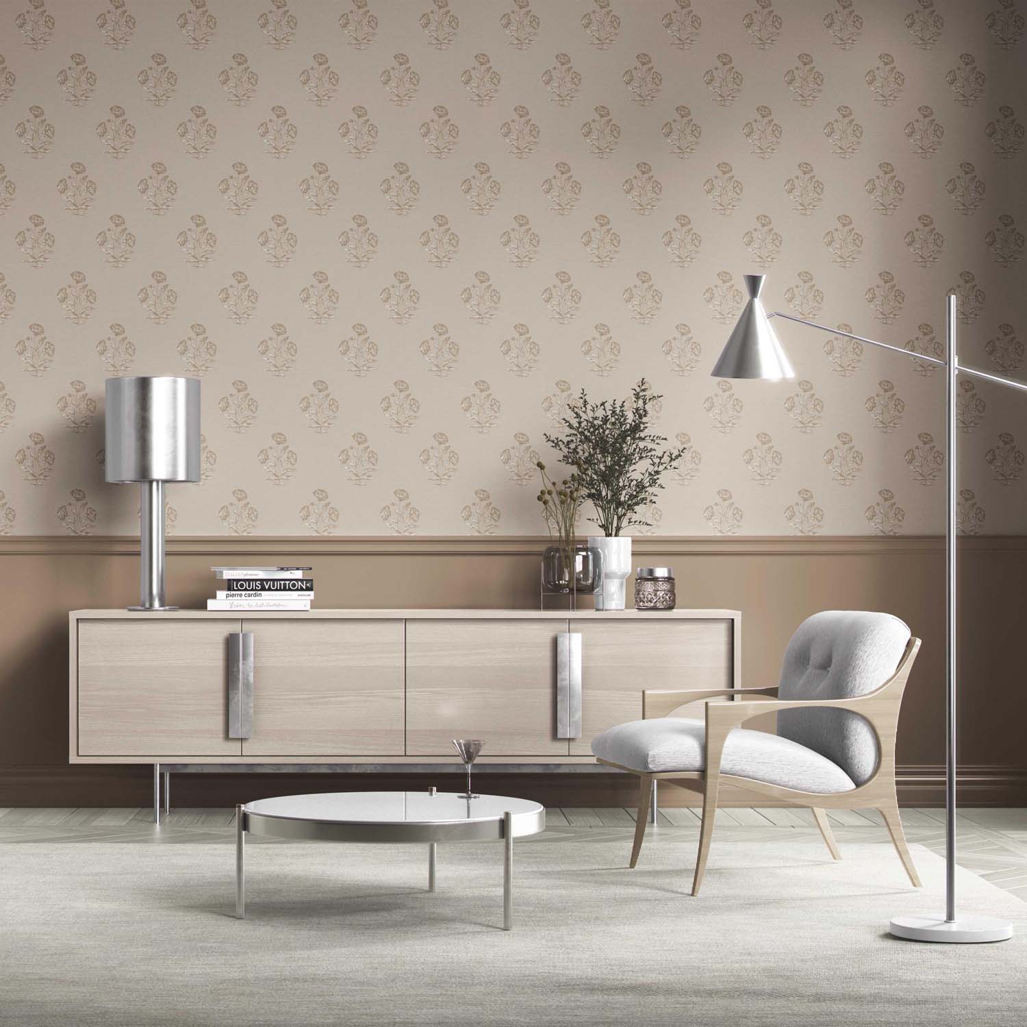 Neutral Floral Block Print Kitchen Wallpaper (Warm Beige/ Greige/ Brown)