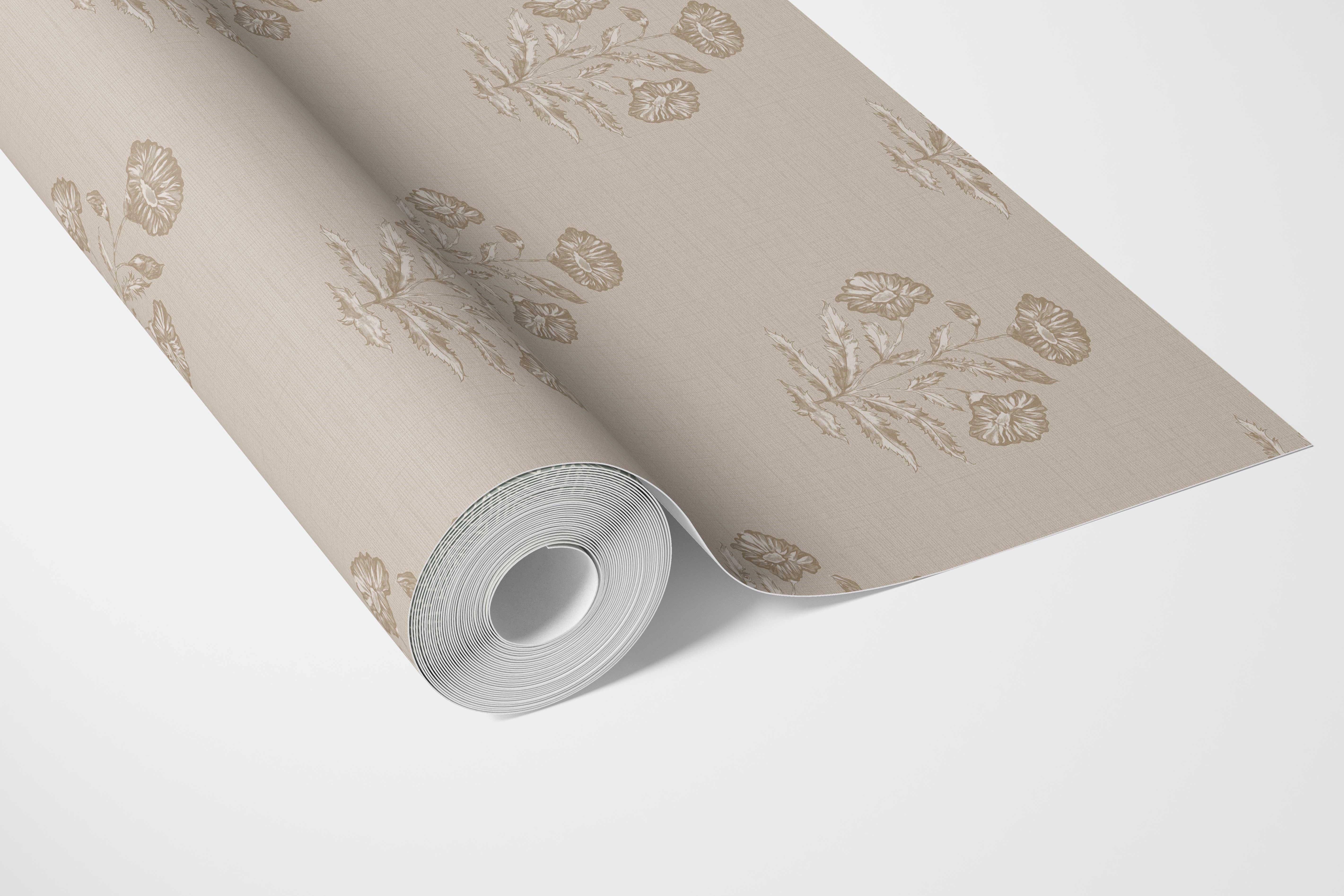 Neutral Floral Block Print Bathroom Wallpaper (Warm Beige/ Greige/ Brown)
