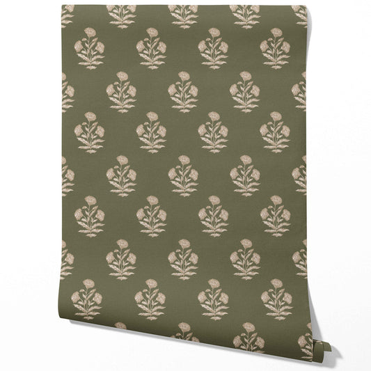 Floral Block Print Traditional Wallpaper (Olive Green/ Beige)