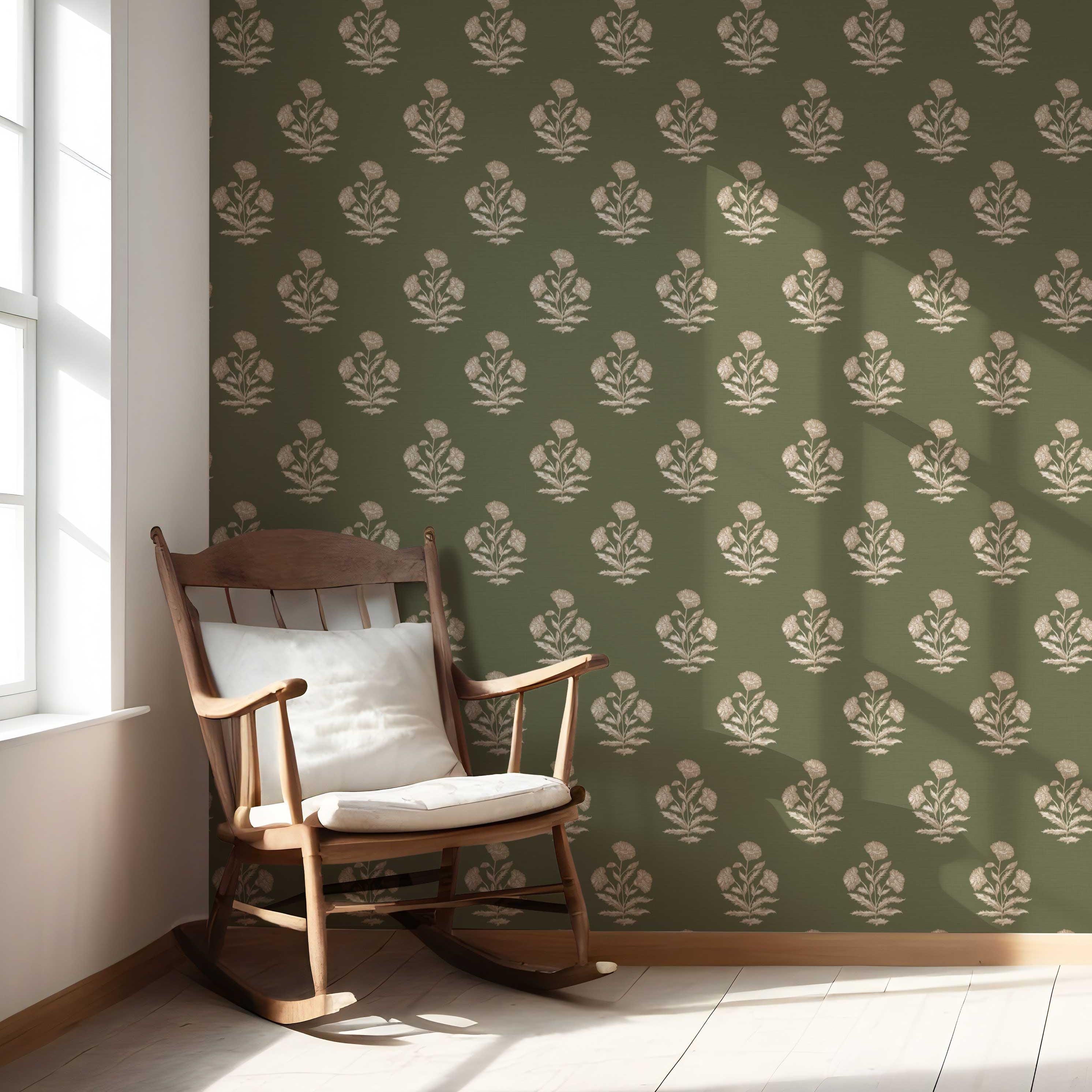 Floral Block Print Nursery Wallpaper Sample (Olive Green/ Beige)