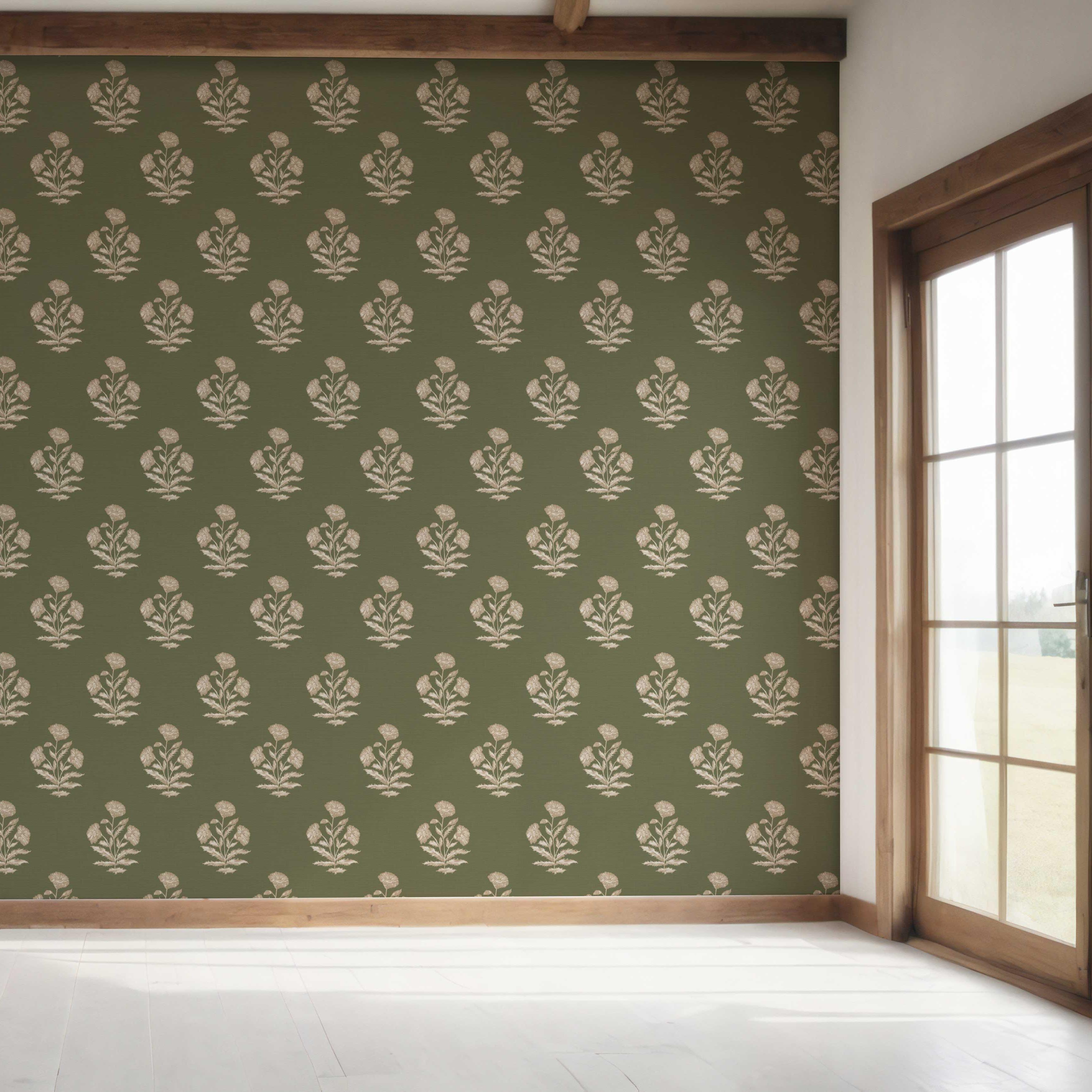 Floral Block Print Bedroom Wallpaper (Olive Green/ Beige)