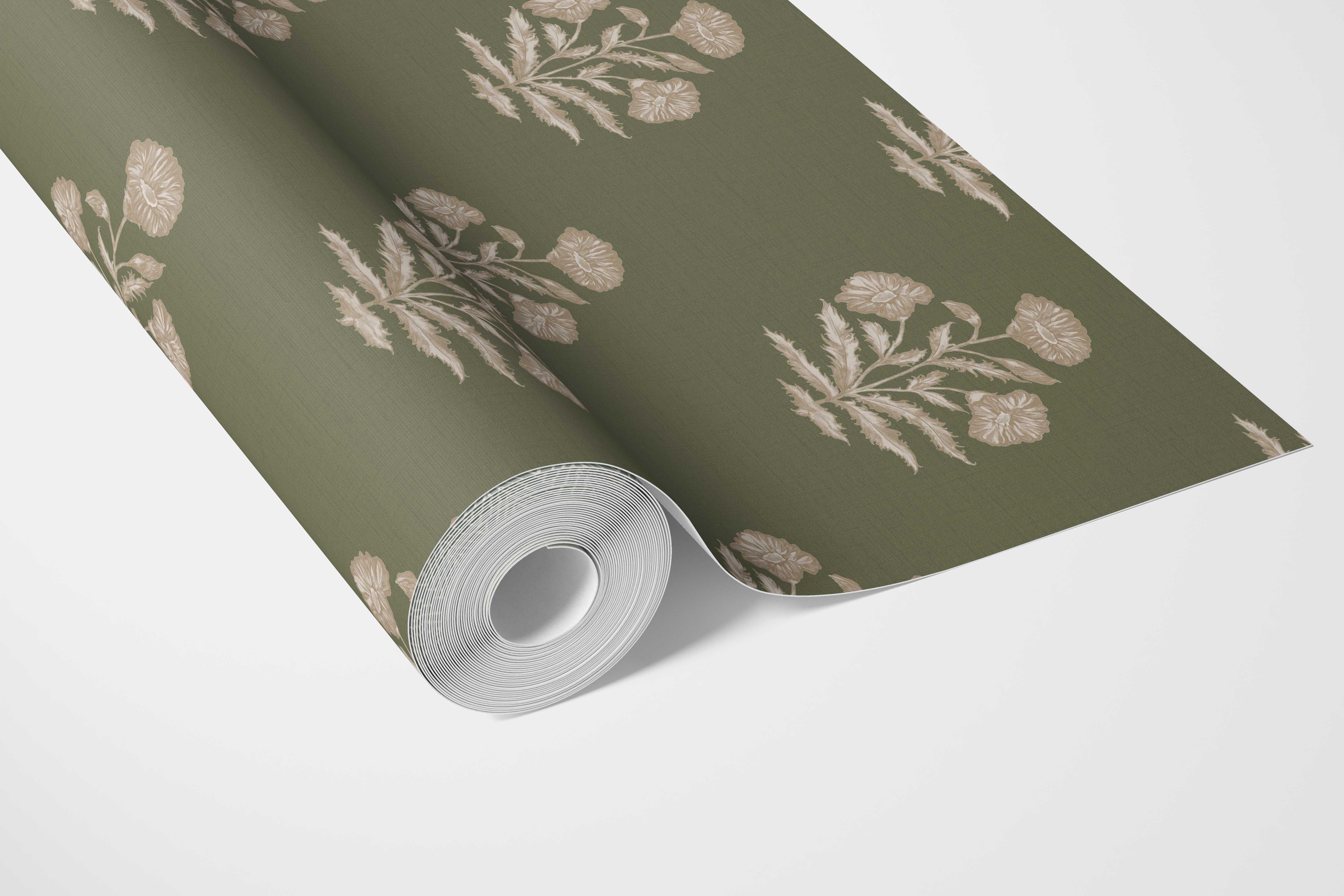 Floral Block Print Bathroom Wallpaper (Olive Green/ Beige)