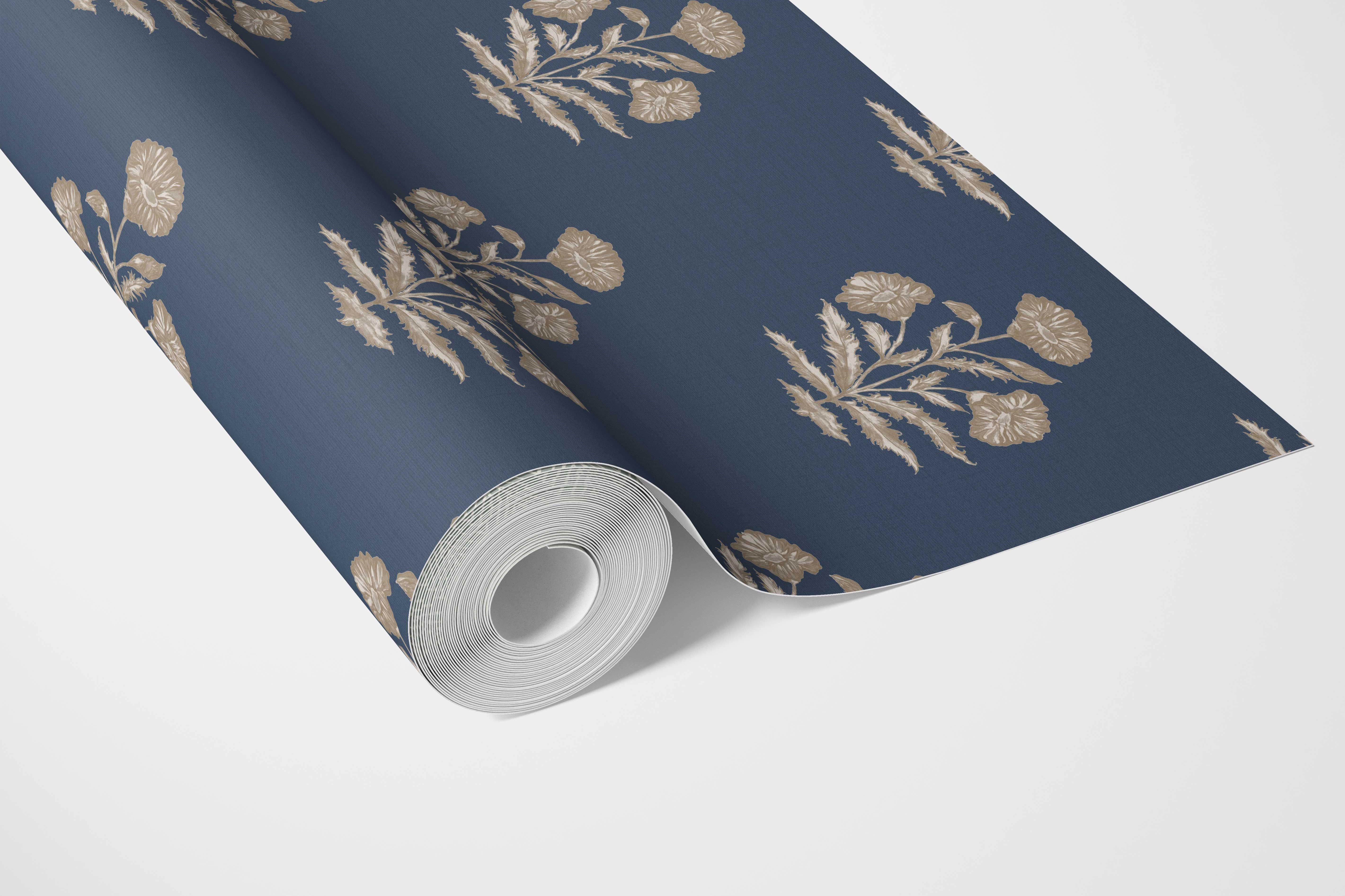 Floral Block Print Bathroom Wallpaper Sample (Navy Blue/ Beige)