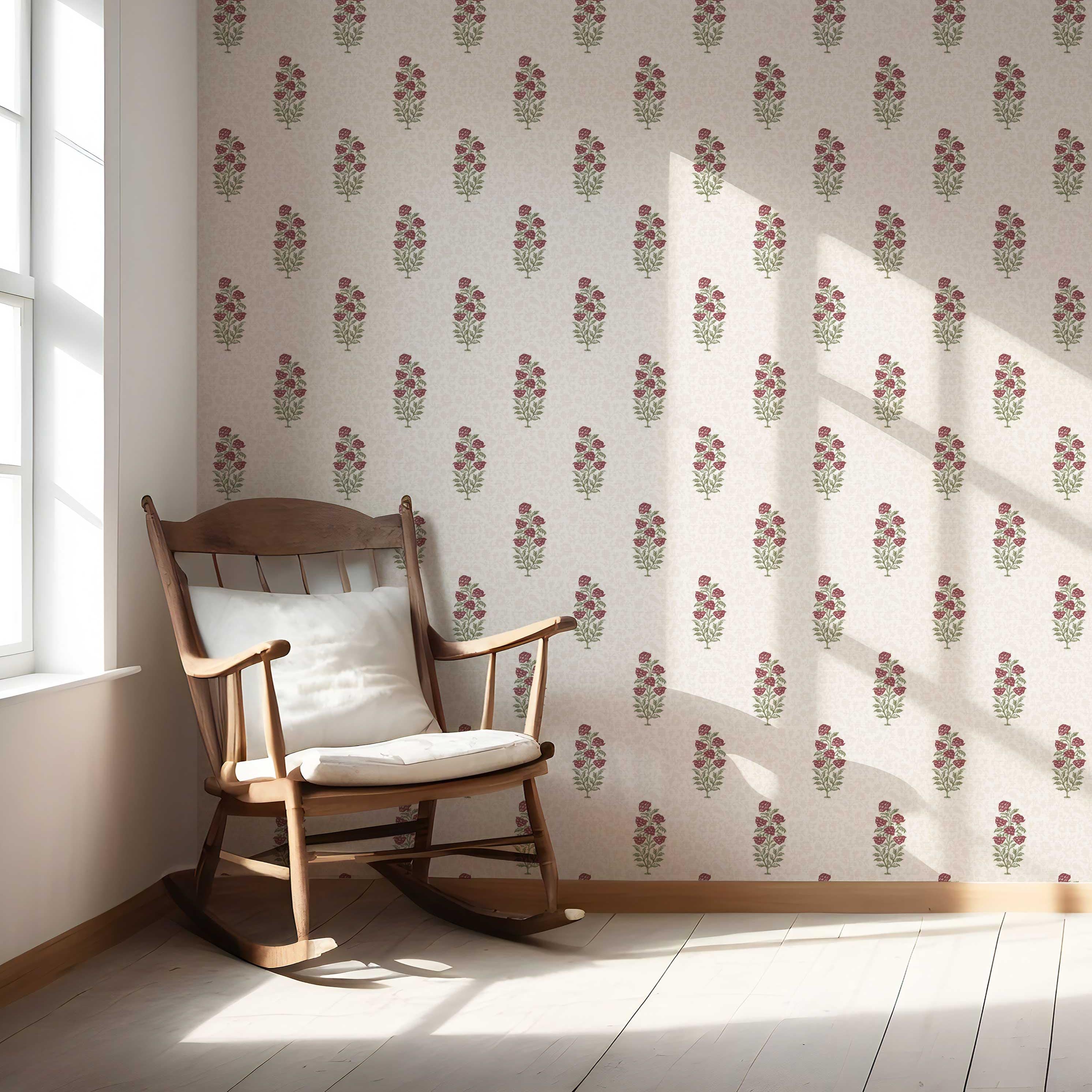 Floral Block Print Nursery Wallpaper Sample (Deep Red/ Maroon/ Green)