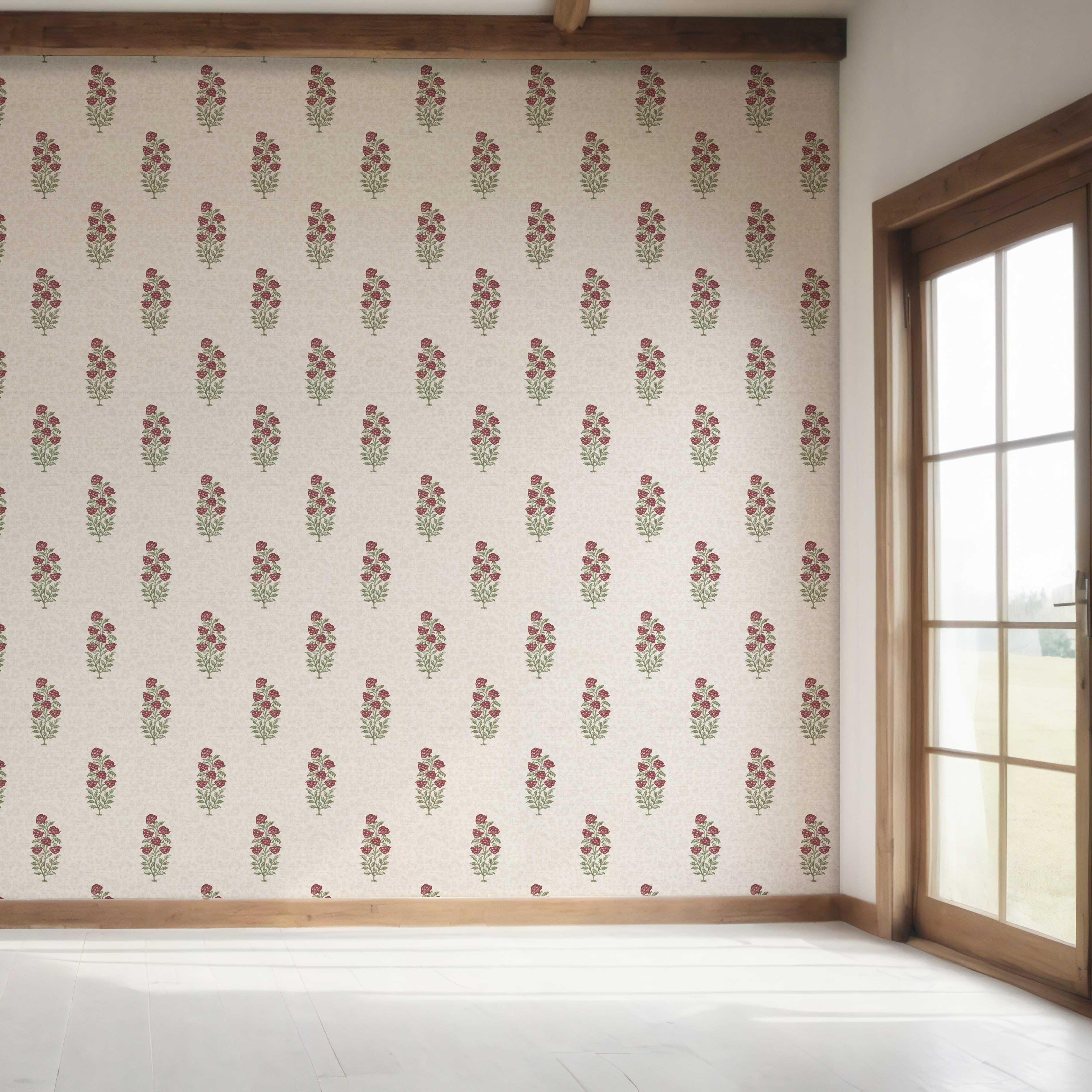 Floral Block Print Bedroom Wallpaper Sample (Deep Red/ Maroon/ Green)