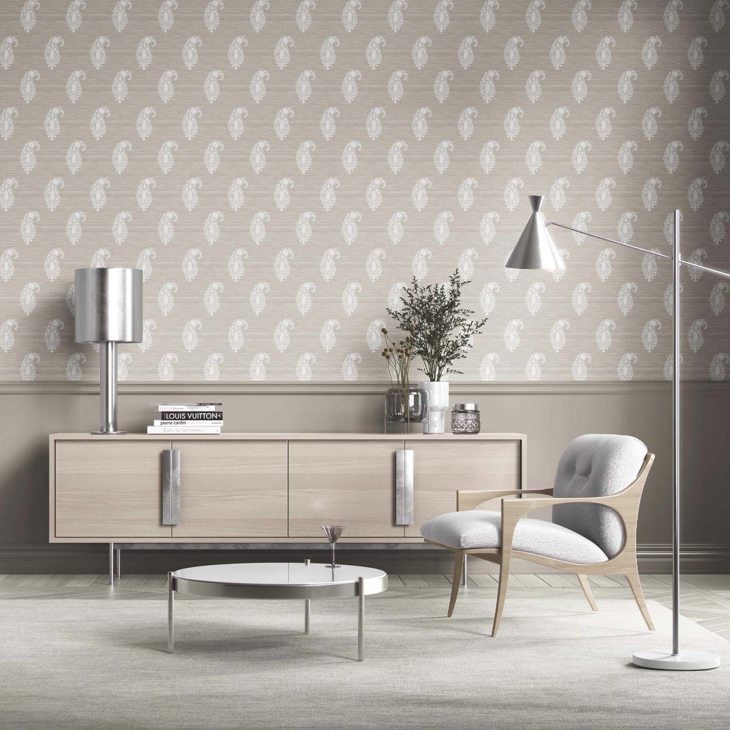 Neutral Paisley Floral Kitchen Wallpaper (Beige/ Warm Gray/ Taupe/ White)