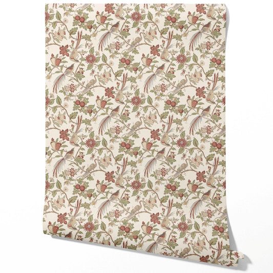 Floral/ Birds Print Traditional Wallpaper (Red/ Brown/ Green/ Beige)