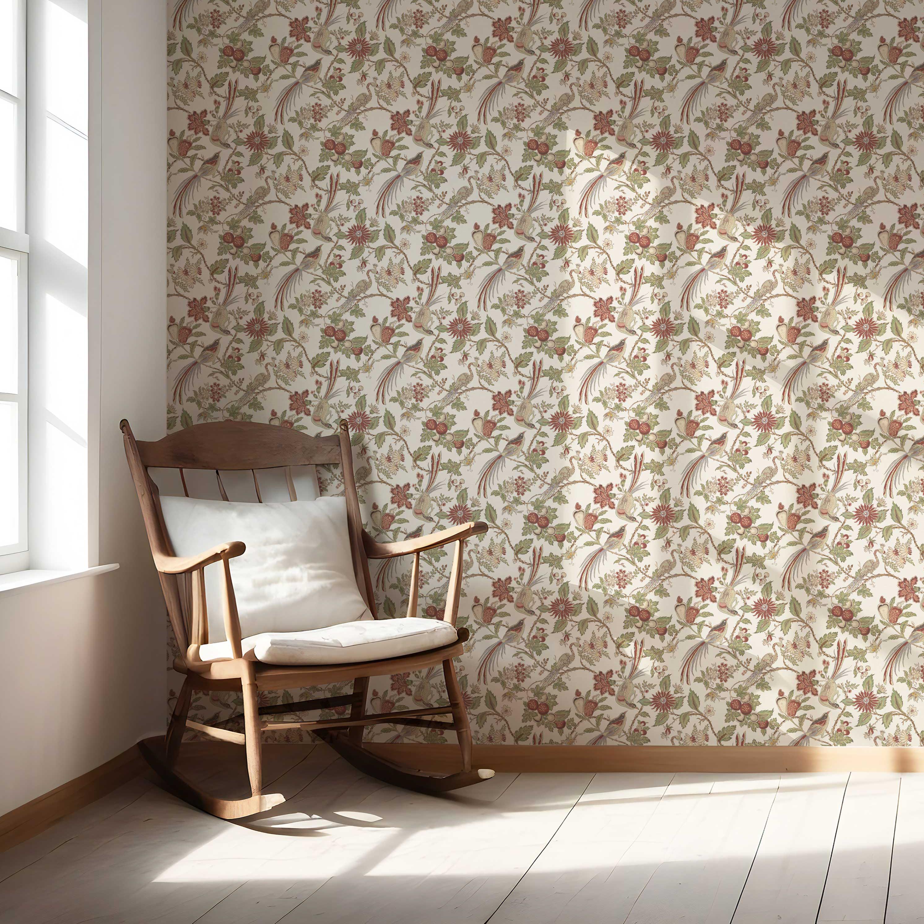 Floral/ Birds Print Nursery Wallpaper (Red/ Brown/ Green/ Beige)