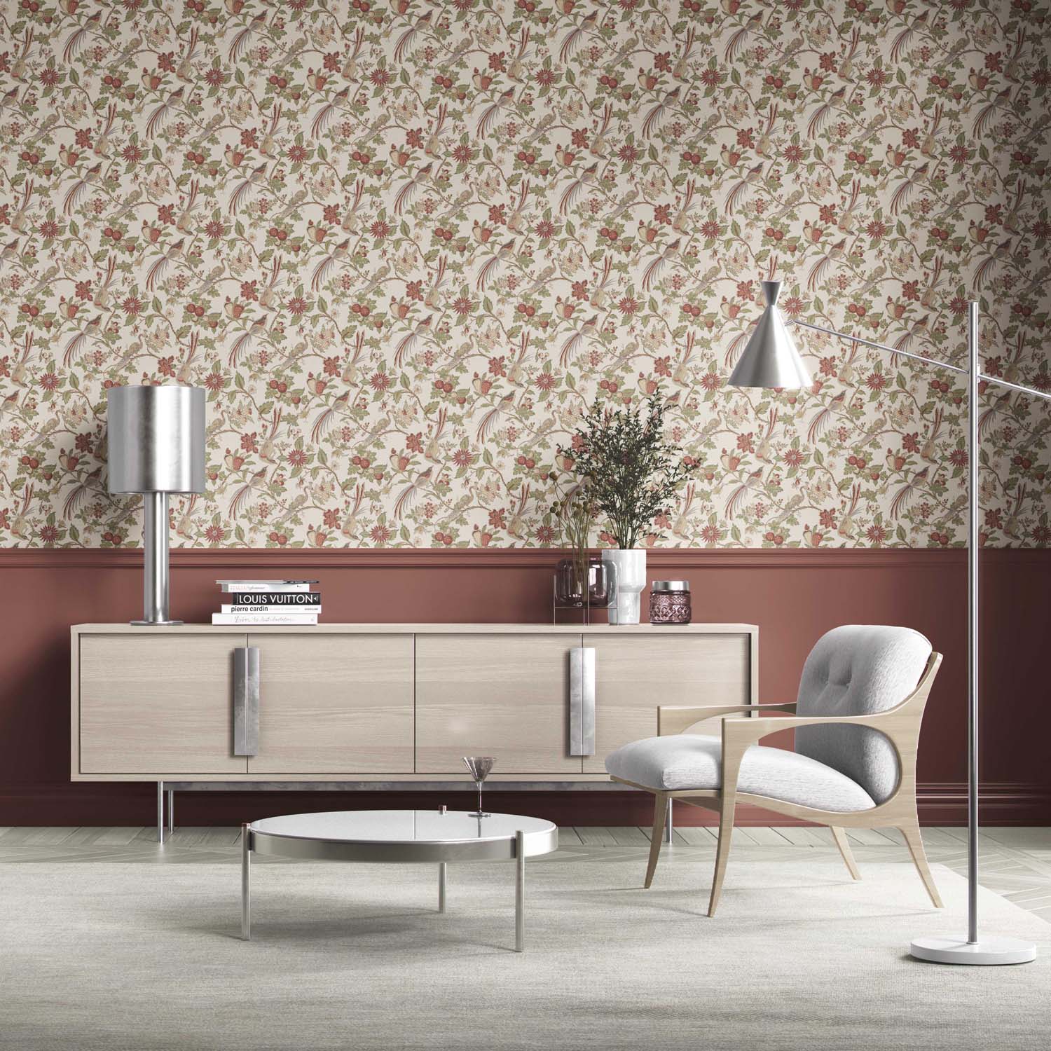 Floral/ Birds Print Kitchen Wallpaper Sample (Red/ Brown/ Green/ Beige)