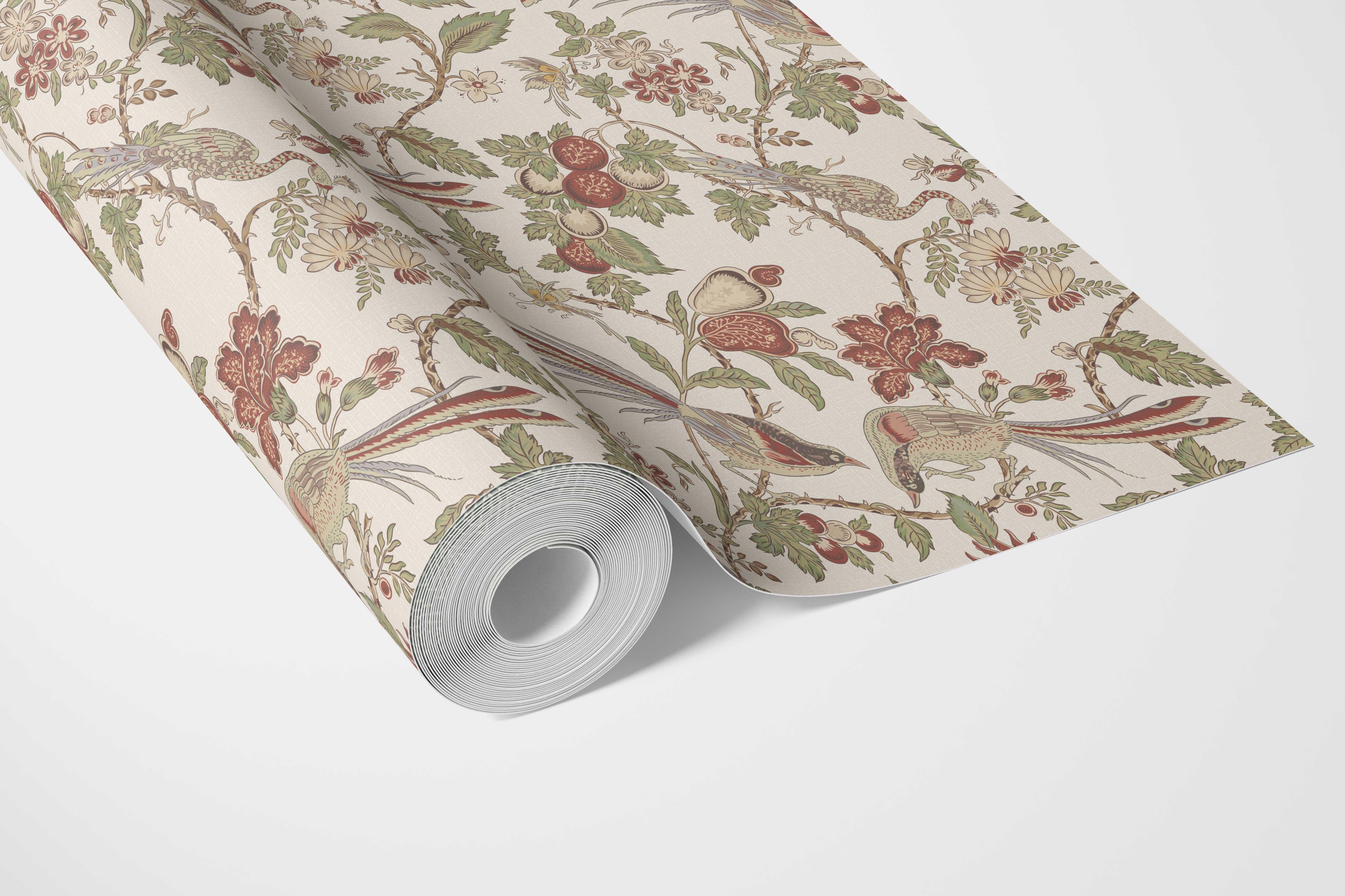 Floral/ Birds Print Bathroom Wallpaper (Red/ Brown/ Green/ Beige)