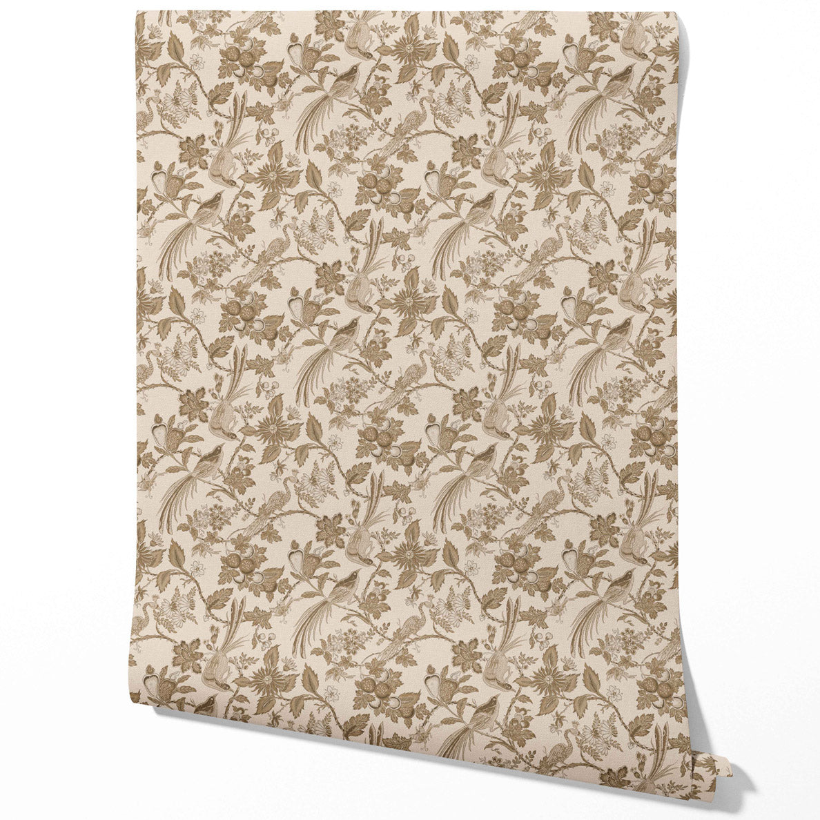 Neutral Floral/ Birds Print Traditional Wallpaper (Brown/ Beige/ Taupe)