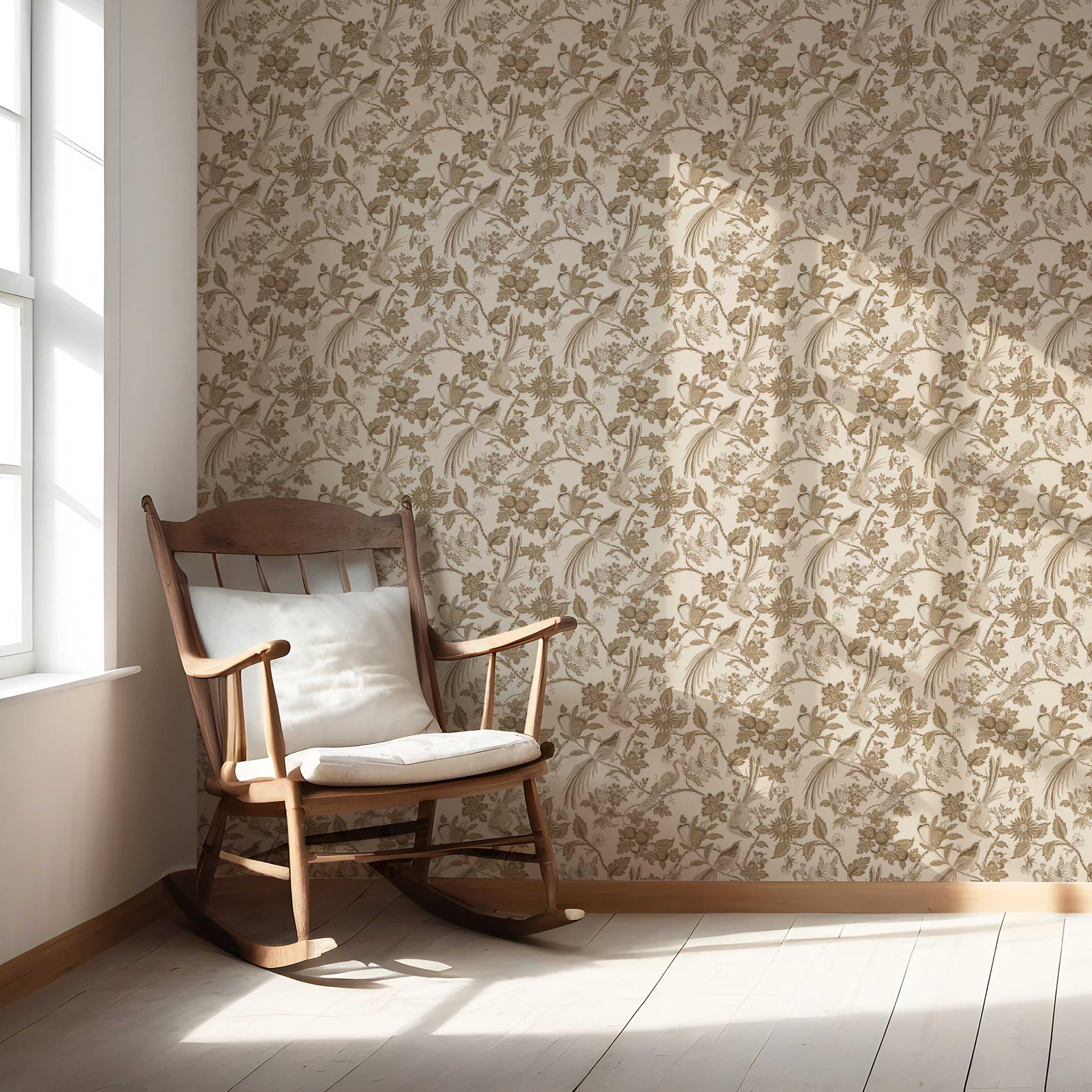 Neutral Floral/ Birds Print Nursery Wallpaper Sample (Brown/ Beige/ Taupe)