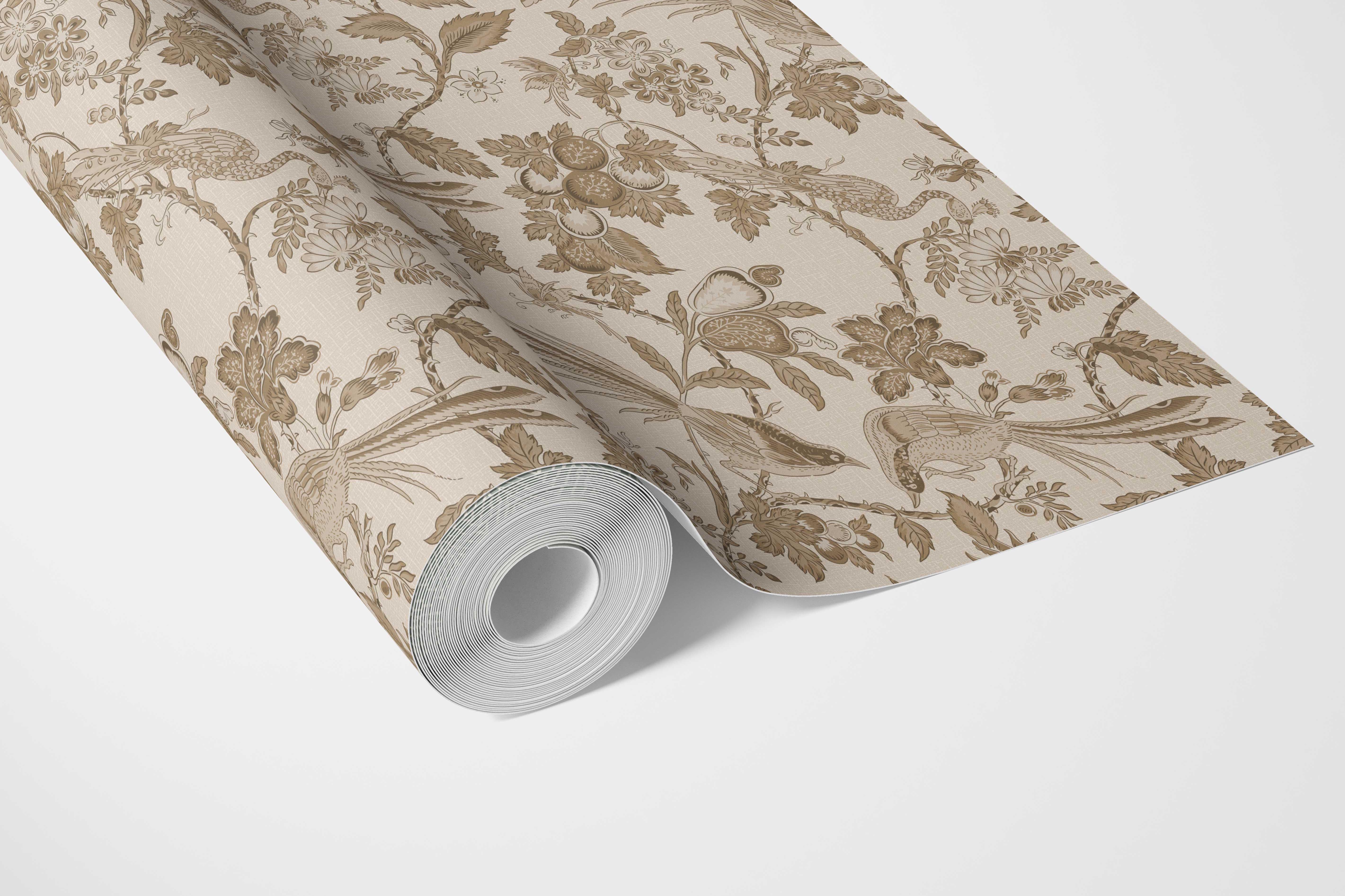 Neutral Floral/ Birds Print Bathroom Wallpaper (Brown/ Beige/ Taupe)