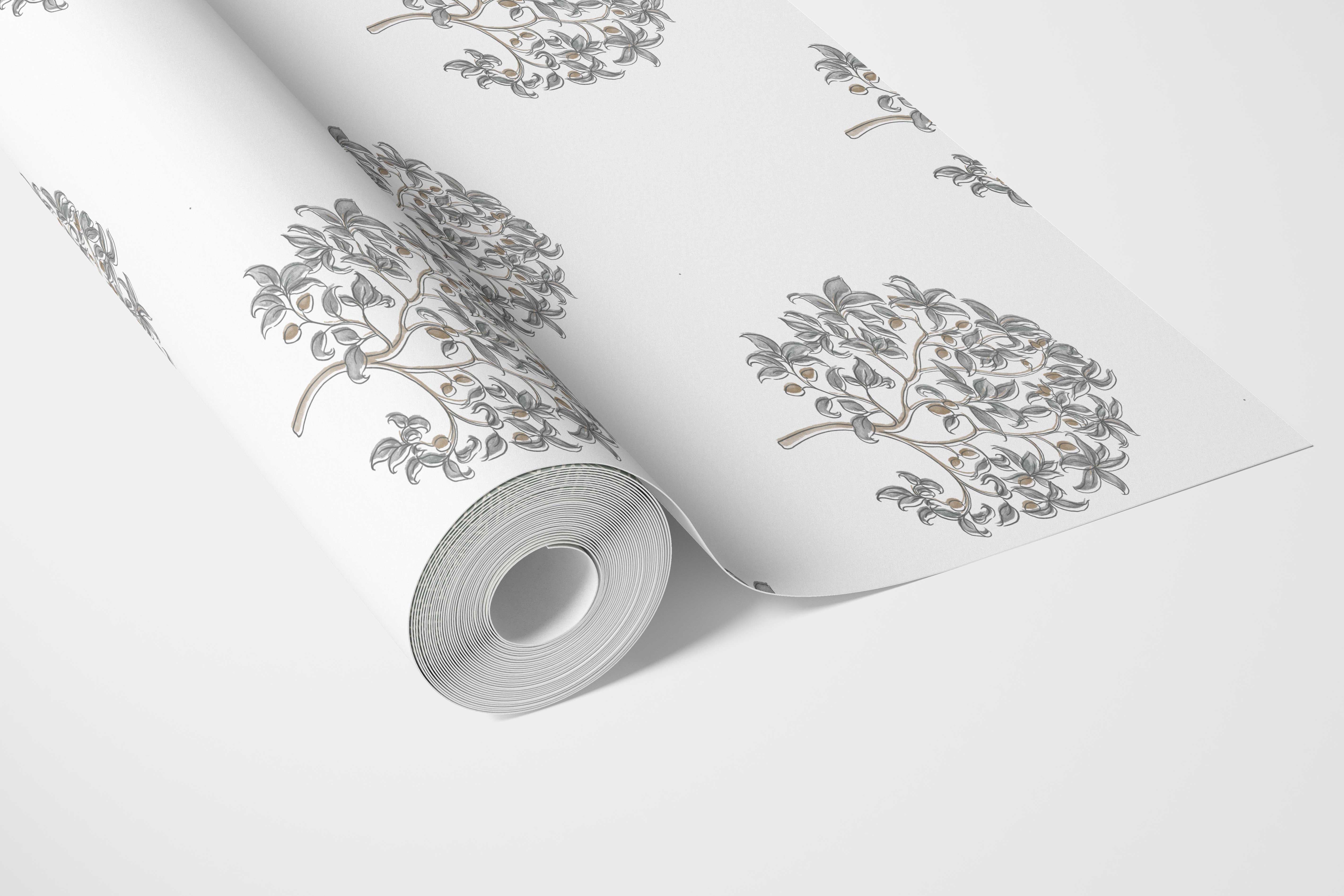 Neutral Floral Block Print Bathroom Wallpaper Sample (Gray/ Brown)
