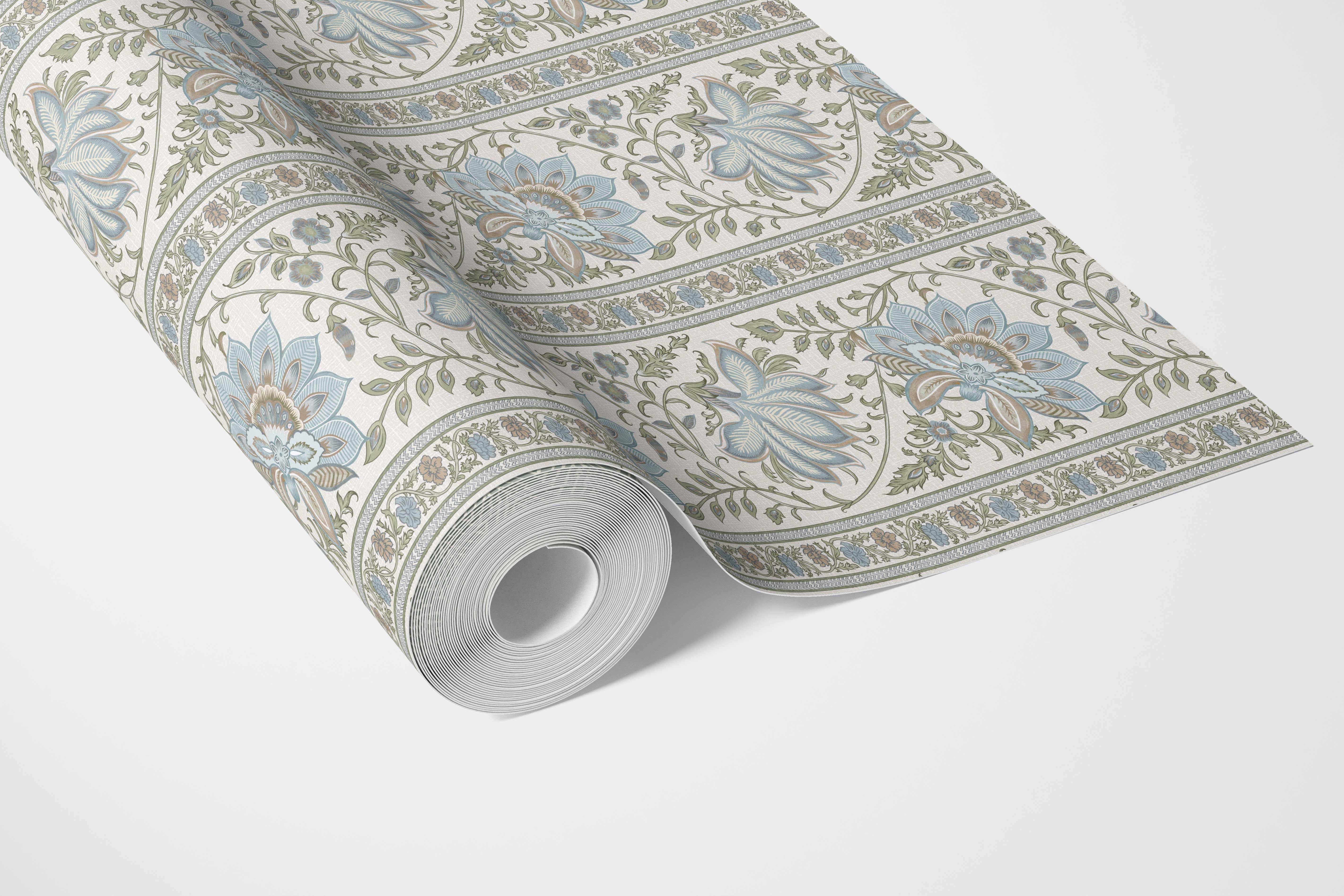 Vintage Floral Striped/ Botanical Bathroom Wallpaper Sample (Blue/ Green/ Sage Gray)
