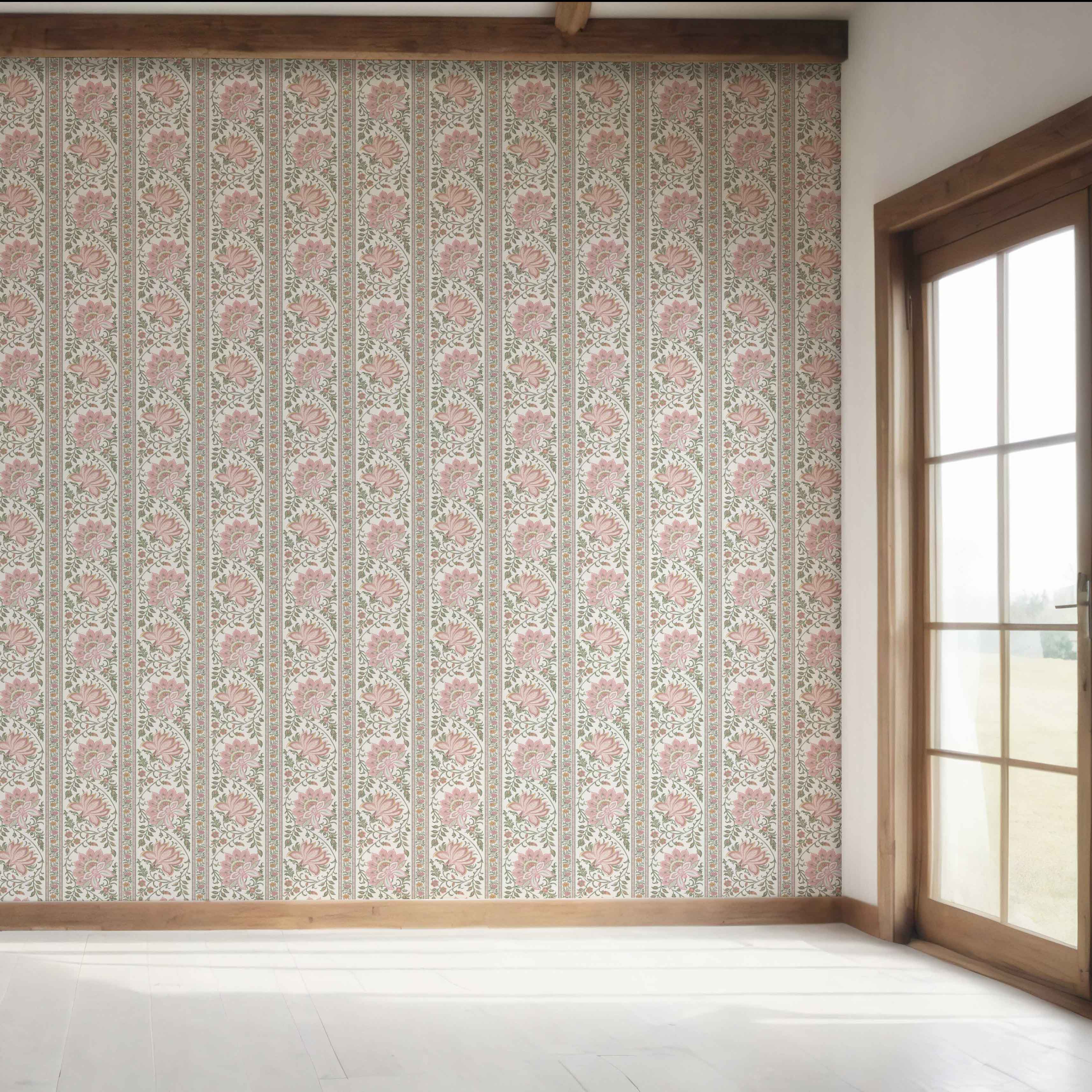 Vintage Floral Striped/ Botanical Bedroom Wallpaper Sample (Pink/ Green)
