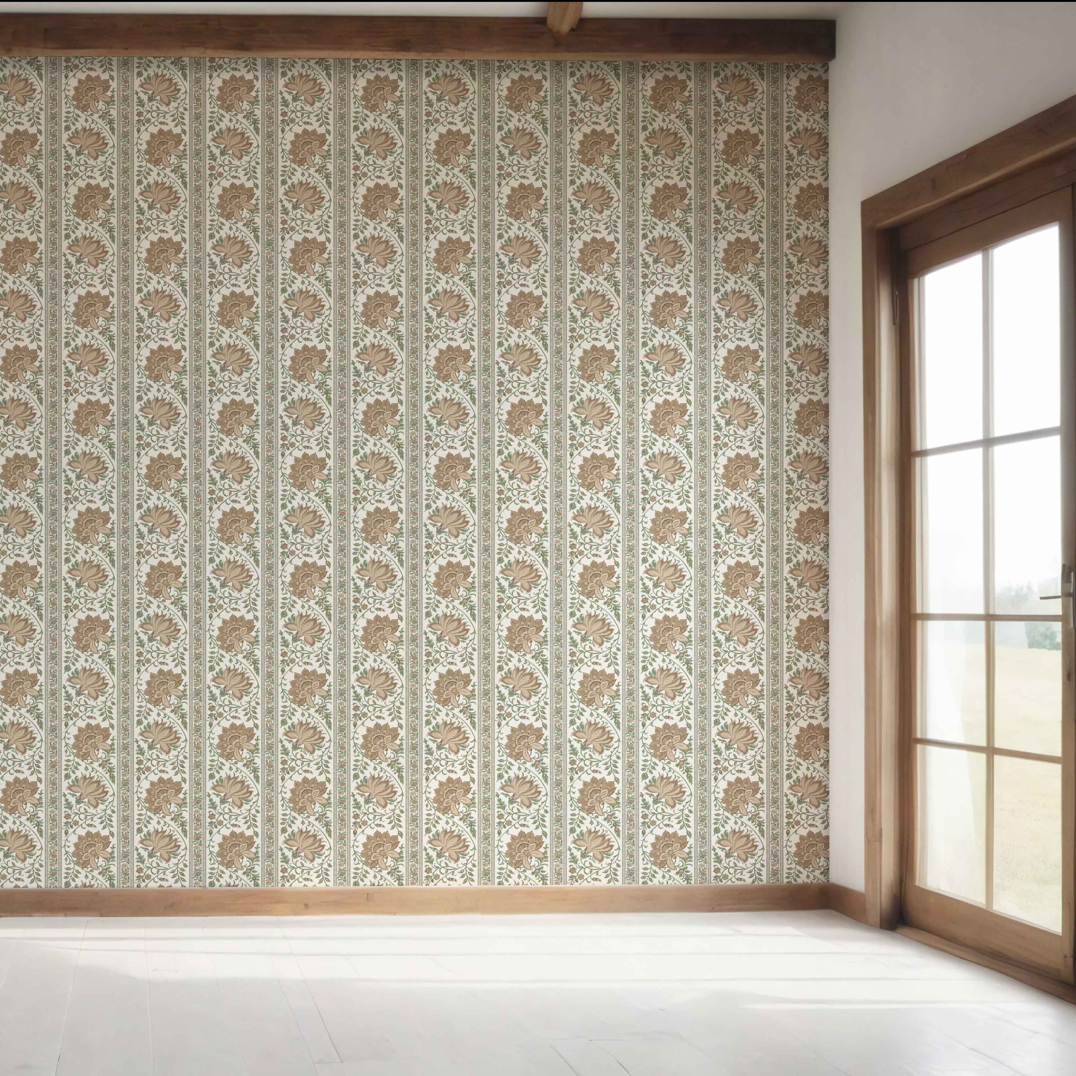 Vintage Floral Striped/ Botanical Bedroom Wallpaper (Brown/ Green)