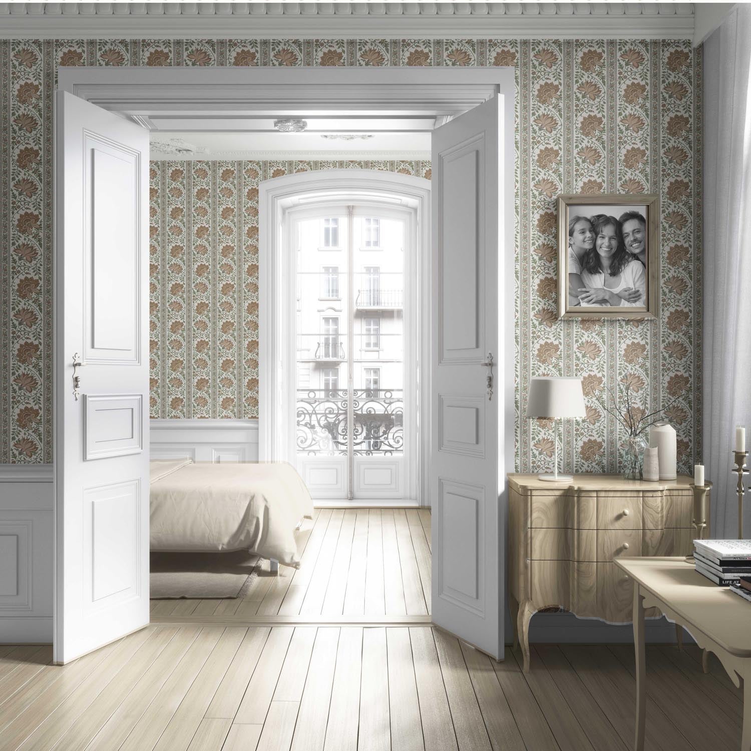 Vintage Floral Striped/ Botanical Living Room Wallpaper (Brown/ Green)